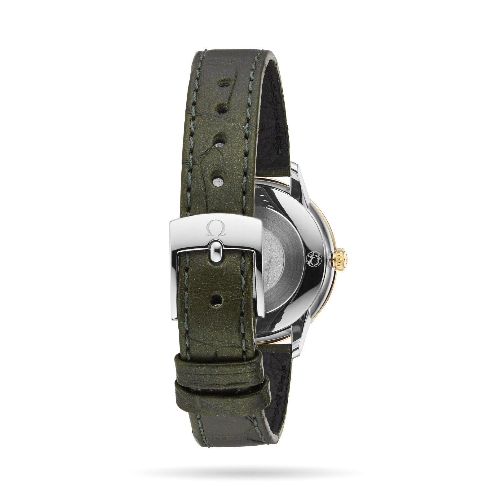 A close-up of the OMEGA De Ville Prestige wristwatch showcases its green leather strap, silver buckle, and partially visible stainless steel and 18K yellow gold case.