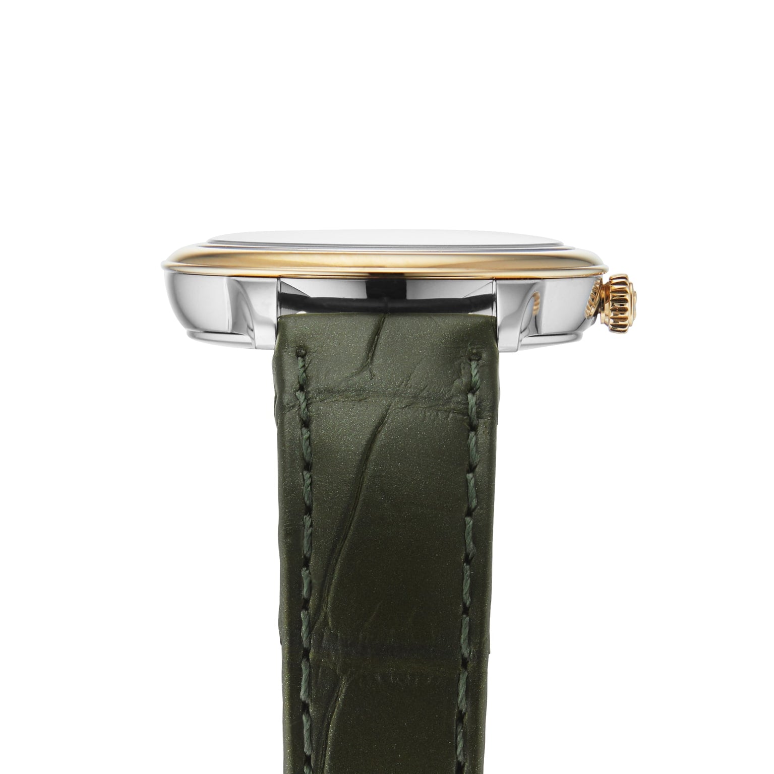 Side view of the OMEGA De Ville Prestige wristwatch featuring a stainless steel and 18K yellow gold bezel, silver case, and green leather strap on a white background.