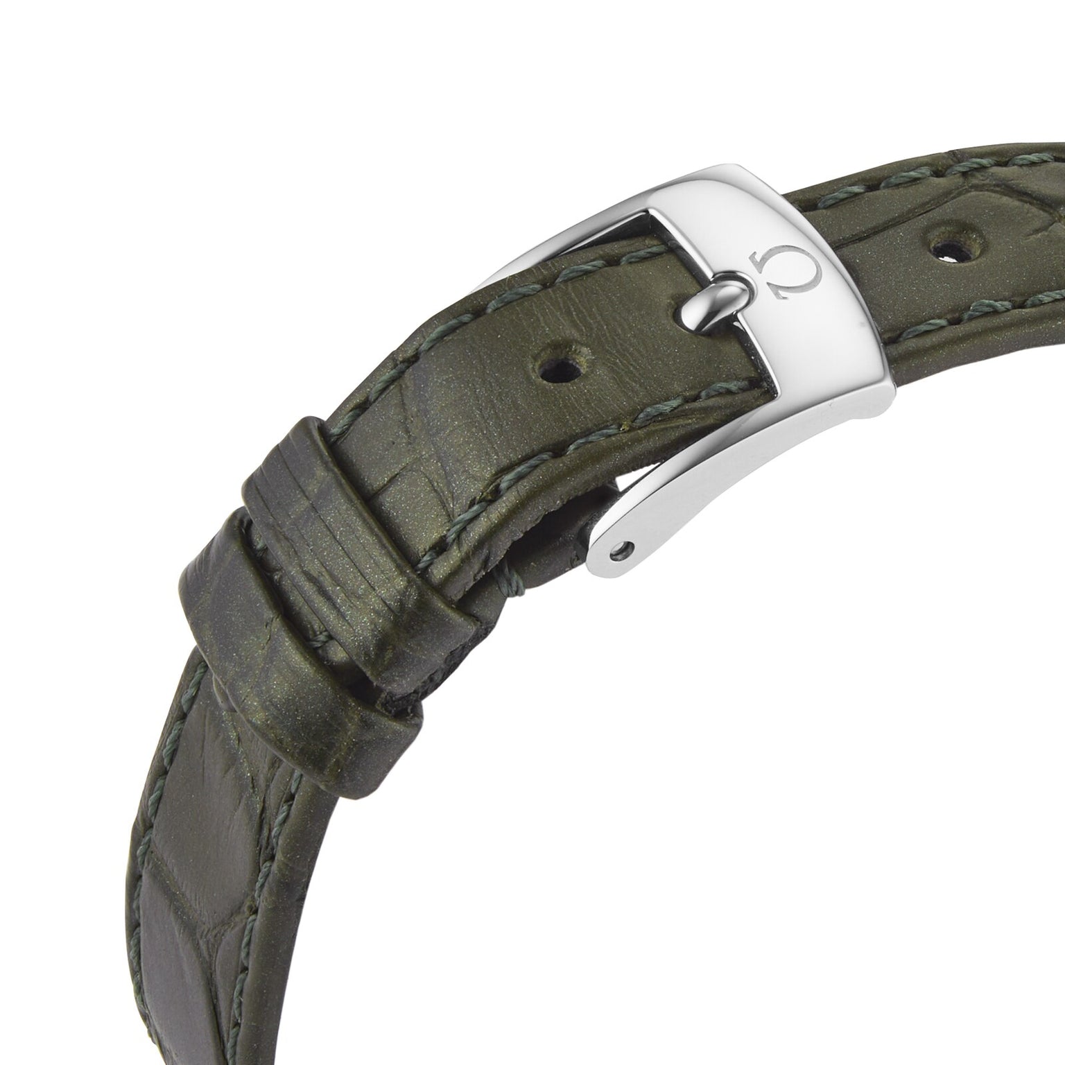 Close-up of a green leather watch strap with visible stitching and a silver buckle engraved with the OMEGA De Ville Prestige logo.