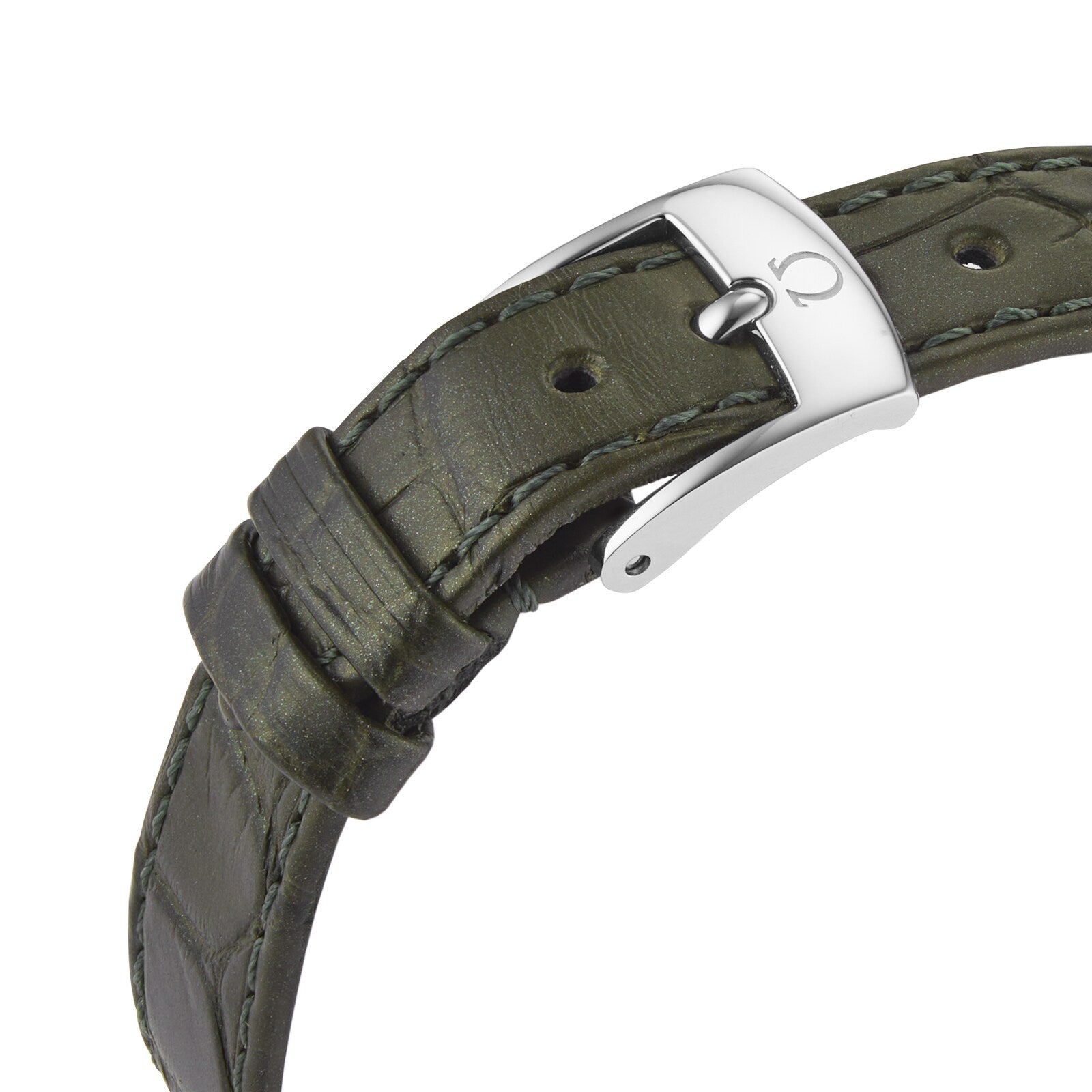 Close-up of a green leather watch strap with visible stitching and a silver buckle engraved with the OMEGA De Ville Prestige logo.