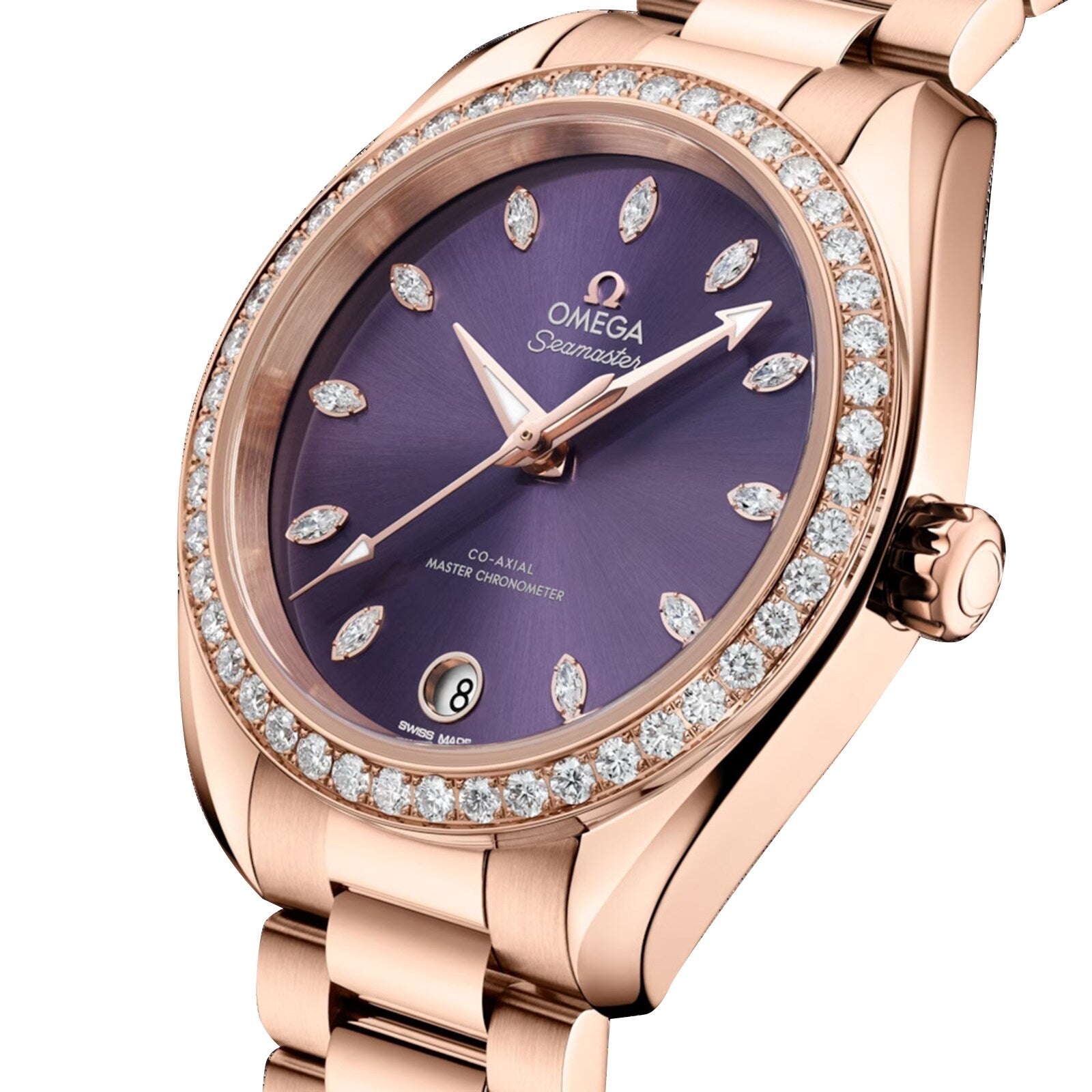 The OMEGA Seamaster Aqua Terra Shades features 18K Sedna™ Gold, a lavender dial, diamond hour markers, diamond bezel, and a date display at 6 o’clock—an elegant timepiece from the renowned collection.
