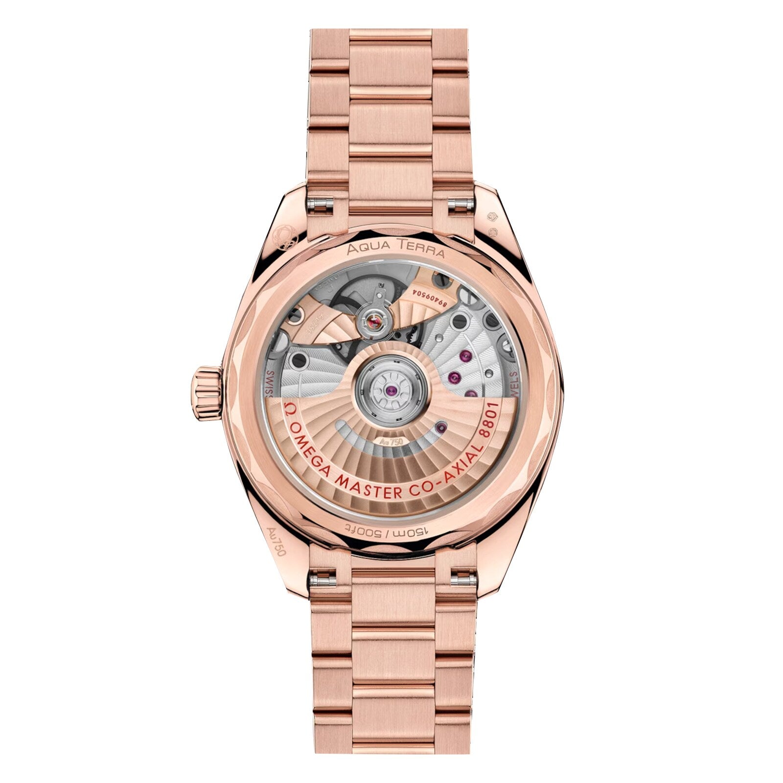 Close-up of the back of an OMEGA Seamaster Aqua Terra Shades watch, highlighting its rose gold finish, transparent case back, and visible mechanical movement.