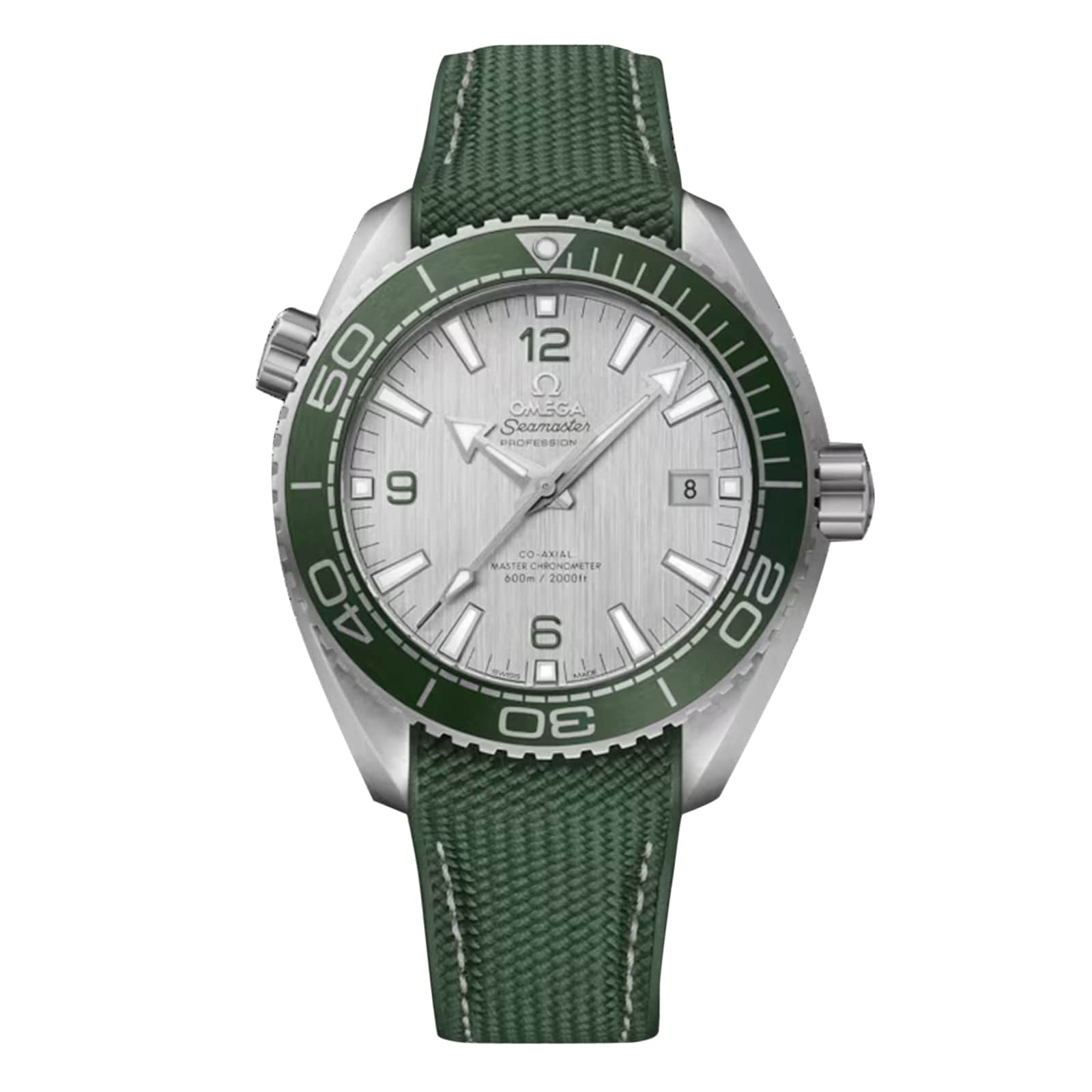 The OMEGA Seamaster Planet Ocean 600M is a silver dive watch with a green bezel, textured strap, white dial, silver hour markers, and certified Co-Axial Master Chronometer precision.