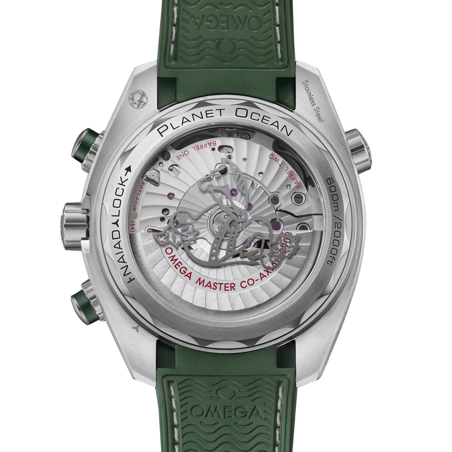 Back view of the OMEGA Seamaster Planet Ocean 600M, showing its Co-Axial Master Chronometer movement through a transparent case back, with a green rubber strap and engraved details.