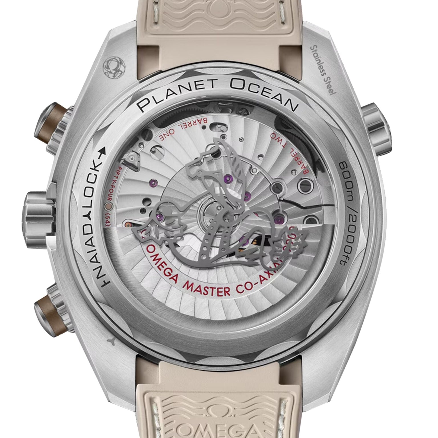 Close-up of the OMEGA Seamaster Planet Ocean 600M’s back, featuring its exposed Co-Axial Master Chronometer movement and engraved stainless steel case.