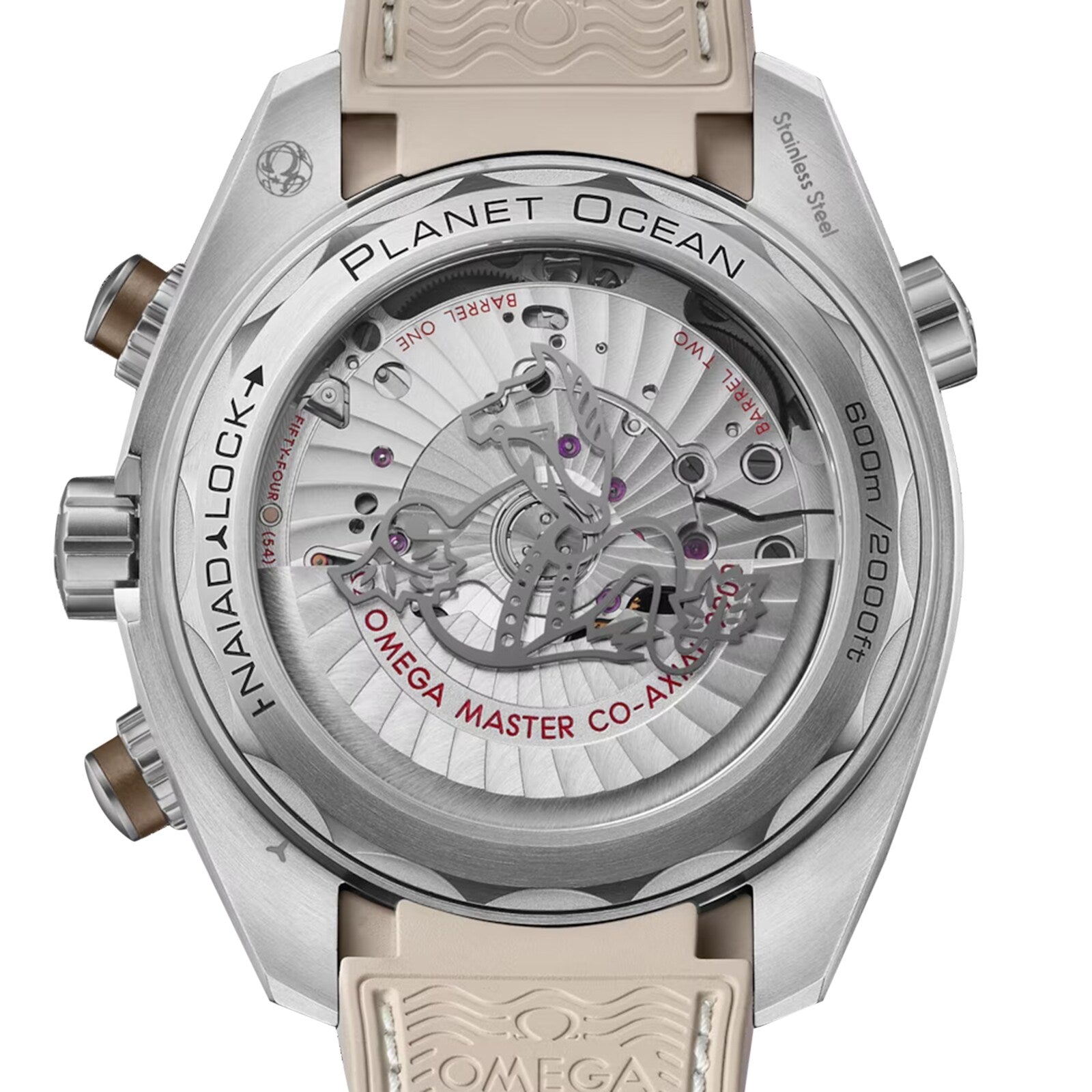 Close-up of the OMEGA Seamaster Planet Ocean 600M’s back, featuring its exposed Co-Axial Master Chronometer movement and engraved stainless steel case.