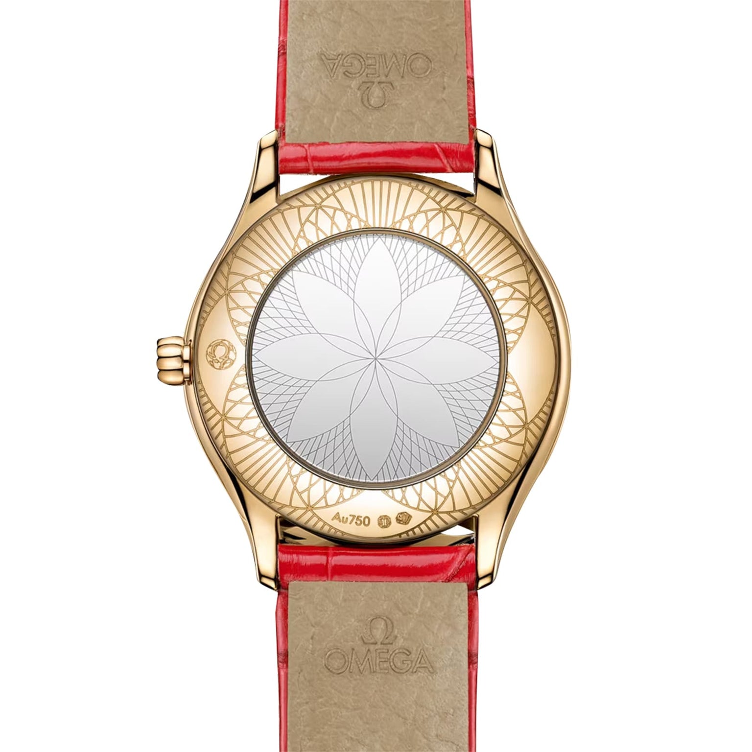 The De Ville Mini Trésor by OMEGA features an engraved geometric flower on the 18K Moonshine™ Gold caseback, complemented by a red leather strap.