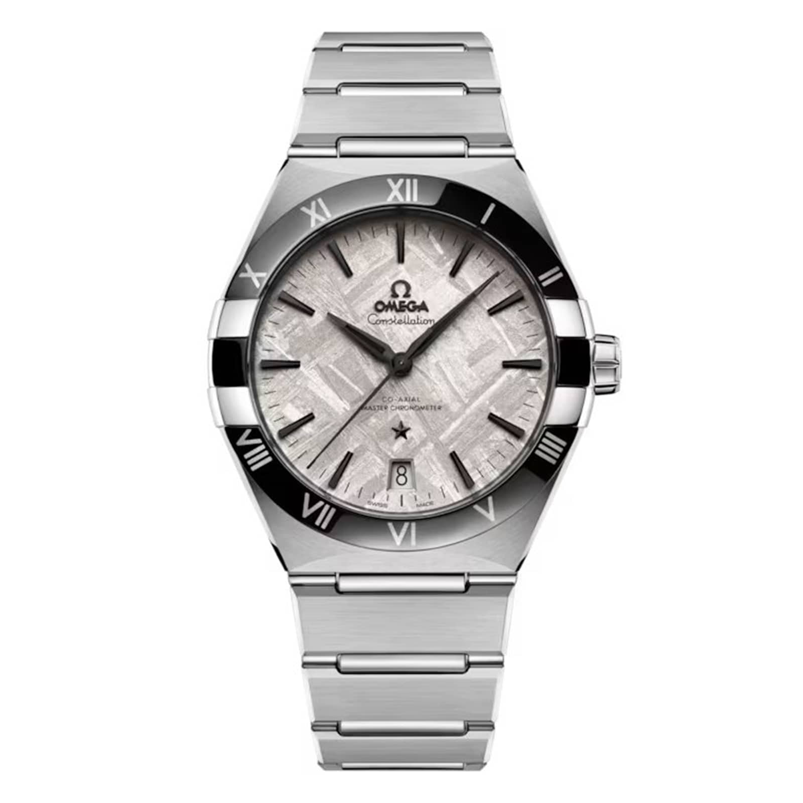 The OMEGA Constellation is a stainless steel watch with a silver meteorite-textured dial, black Roman numeral bezel, and date display at 6 o’clock.