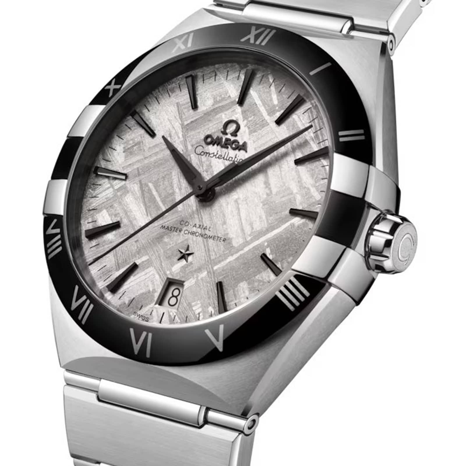 The OMEGA Constellation is a stainless steel watch featuring a black bezel with Roman numerals and a textured silver dial, displaying the date at 6 o’clock.