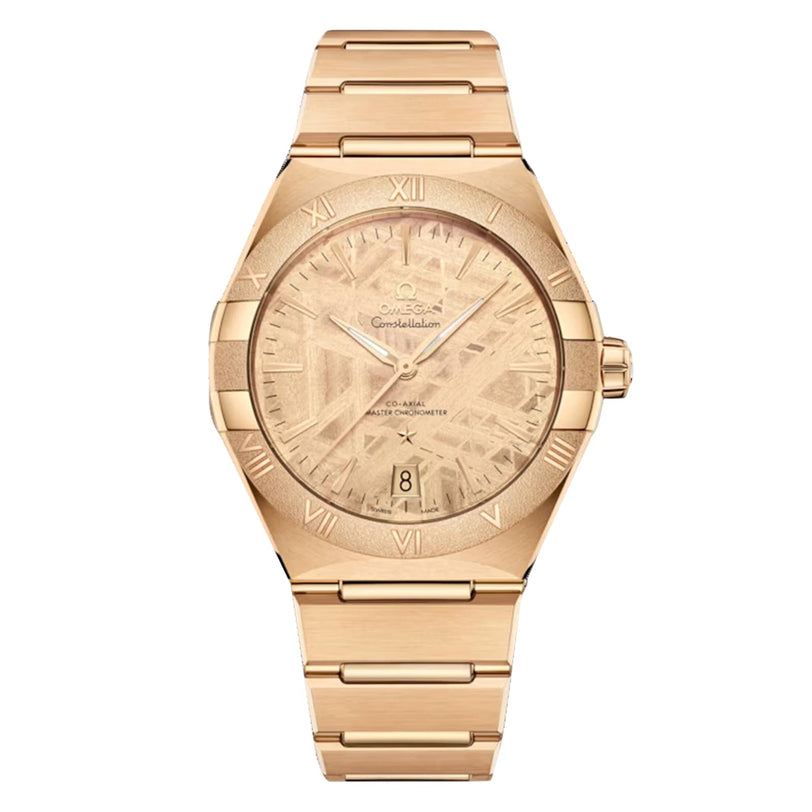 The OMEGA Constellation is a gold wristwatch with a meteorite dial, Roman numeral hour markers, a date display at 6 o’clock, and a sleek metal bracelet.