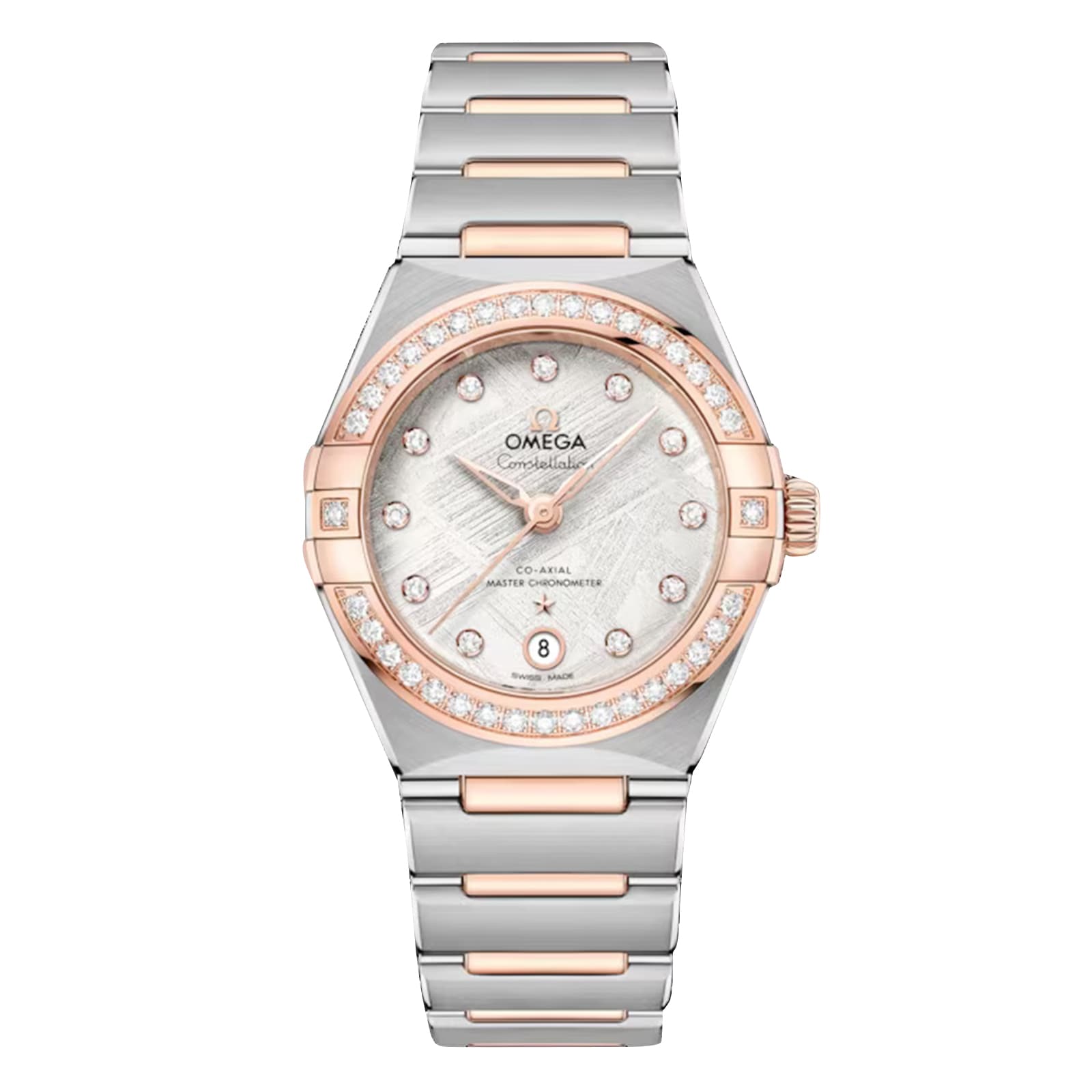 The OMEGA Constellation features a two-tone silver and rose gold bracelet, diamond-paved bezel, meteorite dial with diamond hour markers, and a date window at 6 o’clock.