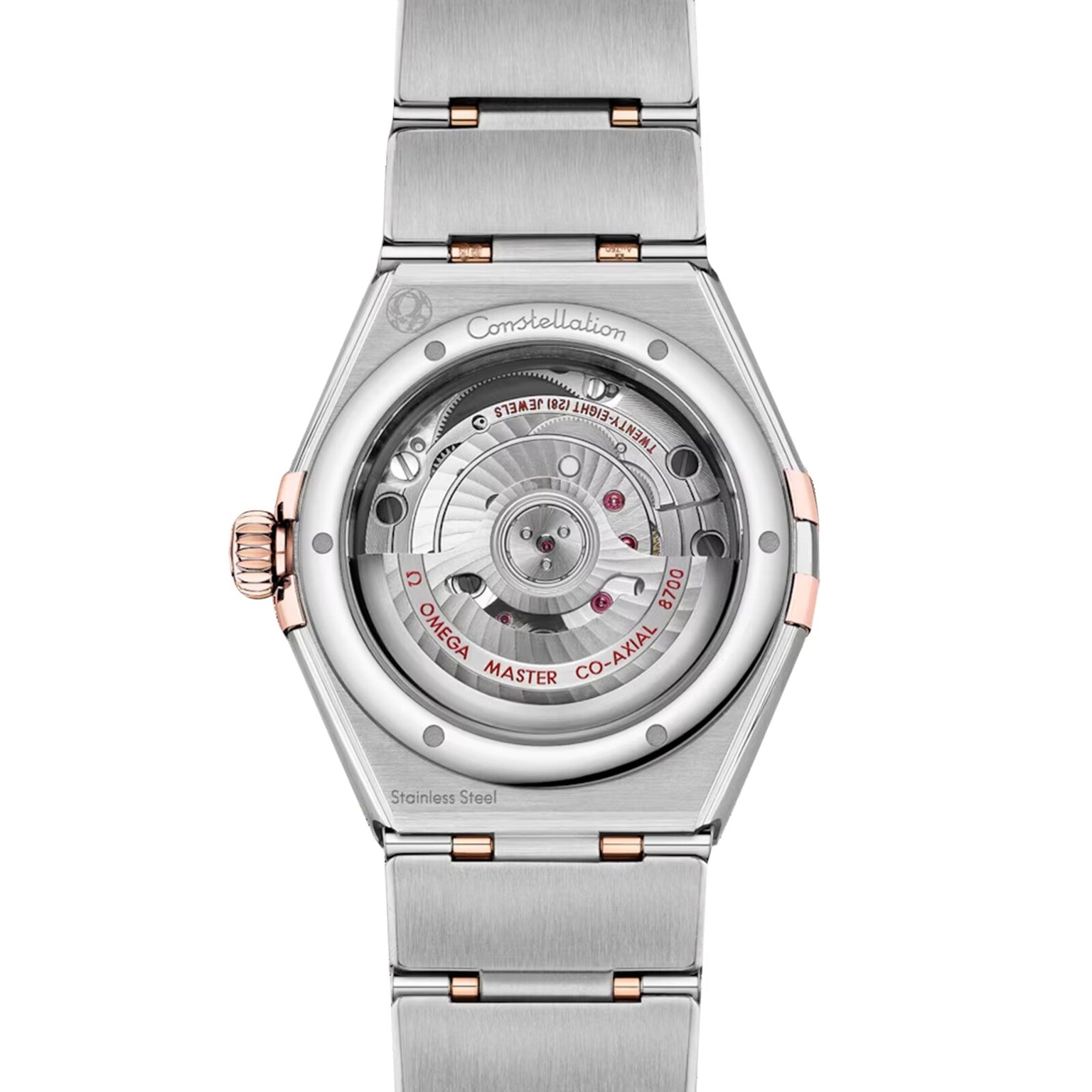 Back view of the OMEGA Constellation watch featuring a stainless steel case, diamond-paved bezel, and a transparent caseback revealing its mechanical movement.