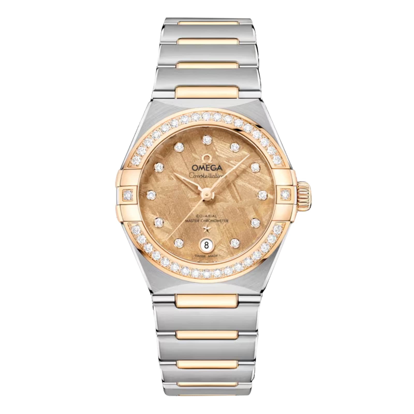 The OMEGA Constellation features a gold and silver bracelet, diamond bezel, meteorite dial, date at 6 o’clock, and is powered by the Co-Axial Master Chronometer Calibre 8700.