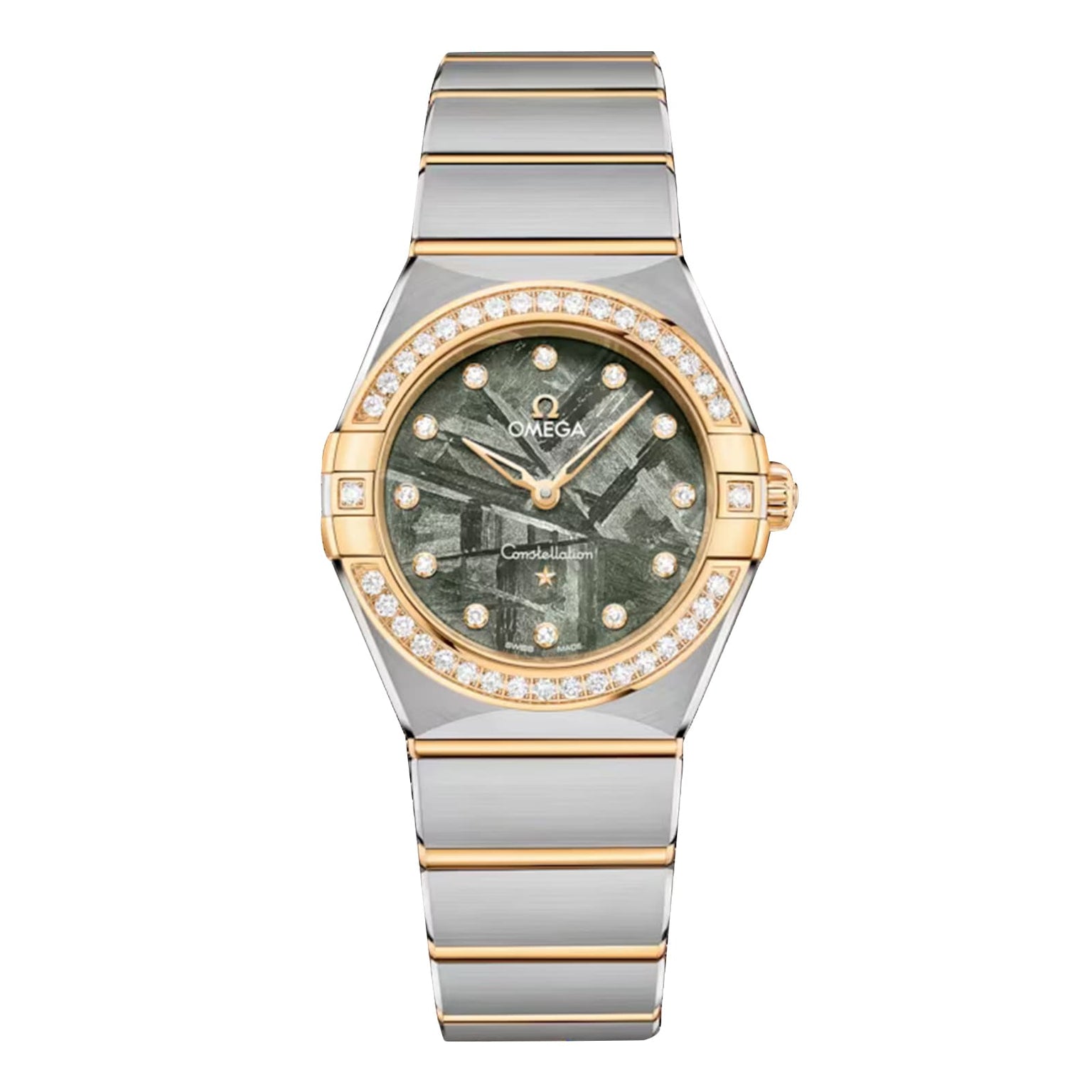 The OMEGA Constellation wristwatch in stainless steel and 18K yellow gold features a diamond bezel, green meteorite dial, and gold accents, shown against a white background.
