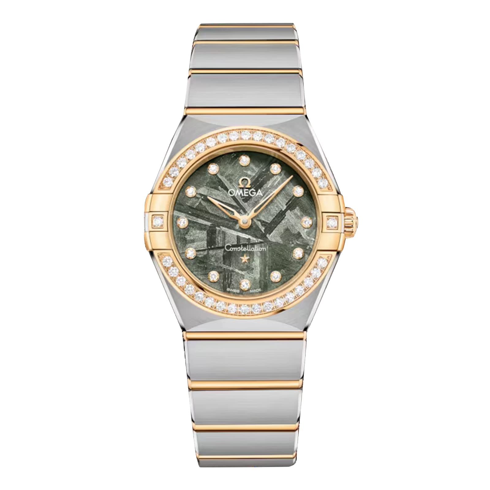 The OMEGA Constellation wristwatch in stainless steel and 18K yellow gold features a diamond bezel, green meteorite dial, and gold accents, shown against a white background.