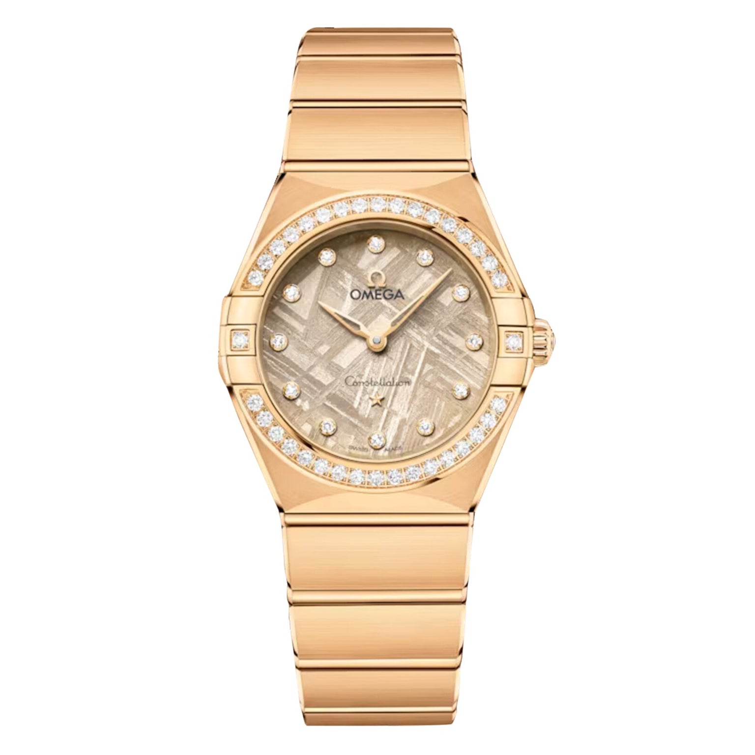 An OMEGA Constellation wristwatch in 18K yellow gold features a textured meteorite dial, diamond hour markers, and a diamond-set bezel, shown on a plain white background.