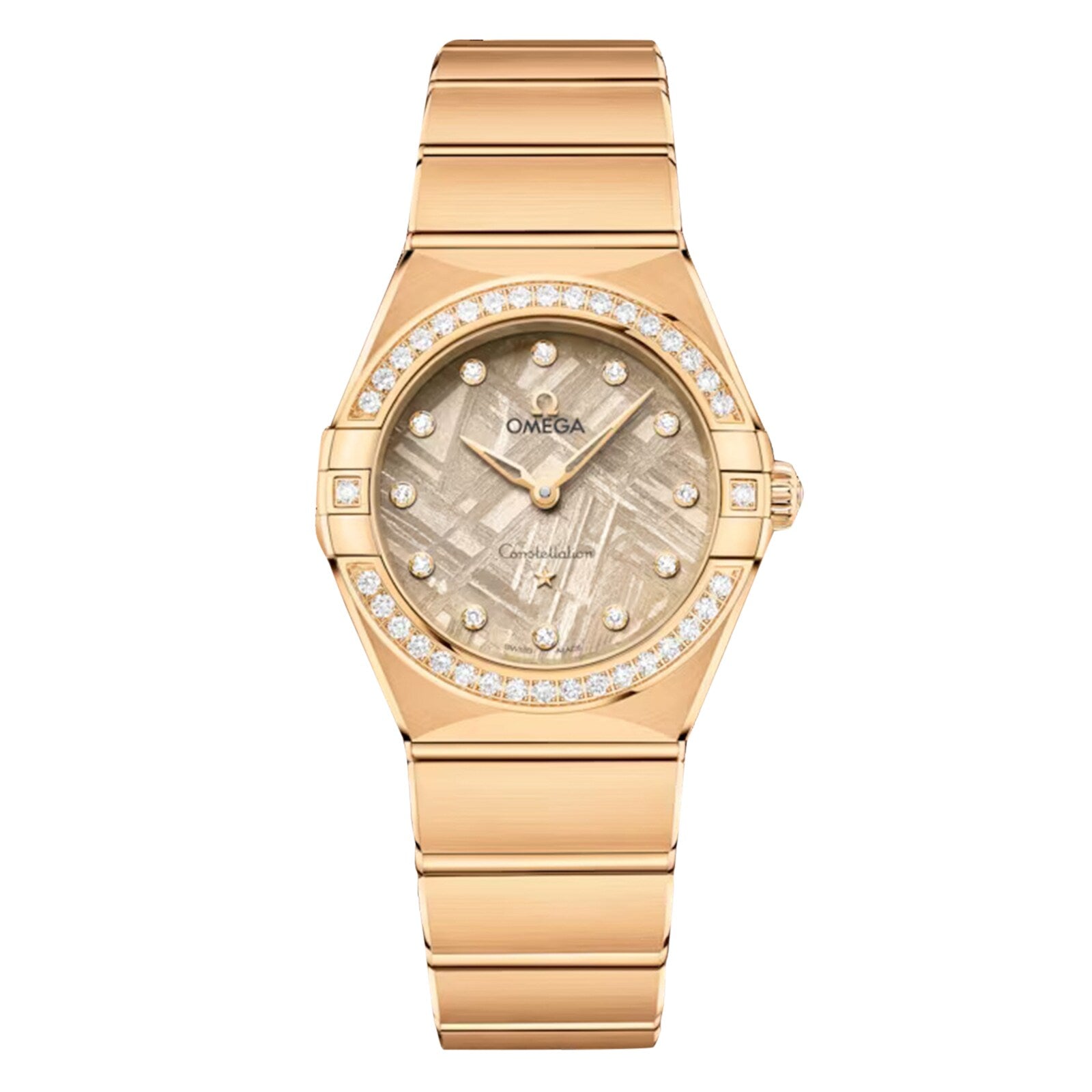 An OMEGA Constellation wristwatch in 18K yellow gold features a textured meteorite dial, diamond hour markers, and a diamond-set bezel, shown on a plain white background.