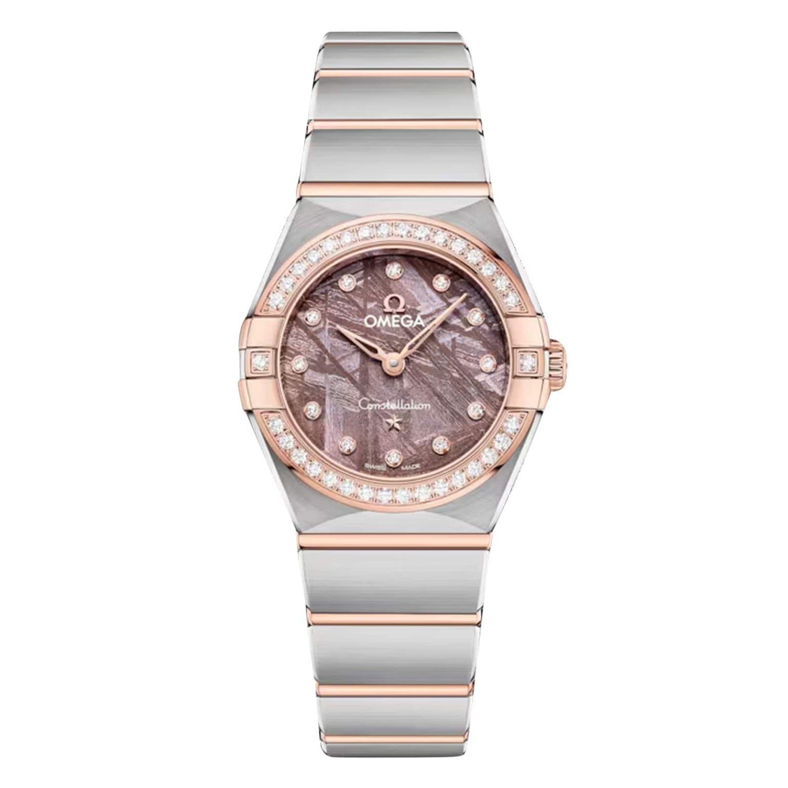 The OMEGA Constellation is a silver and rose gold wristwatch with a diamond-paved bezel, brown meteorite dial, diamond hour markers, and a metal link bracelet.