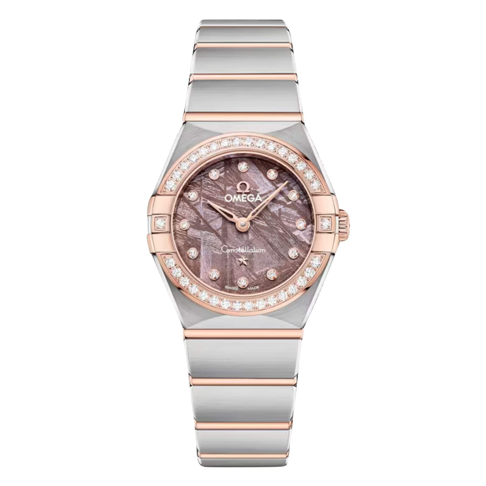 The OMEGA Constellation is a silver and rose gold wristwatch with a diamond-paved bezel, brown meteorite dial, diamond hour markers, and a metal link bracelet.
