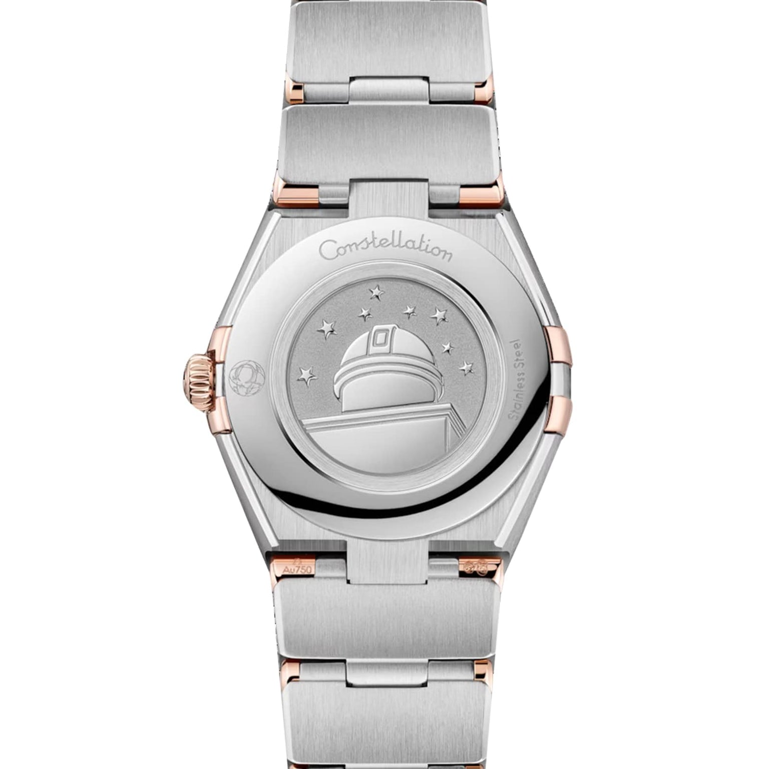 Back view of the OMEGA Constellation watch showing an engraved observatory with stars and Constellation on the case back, paired with a diamond-paved bezel.