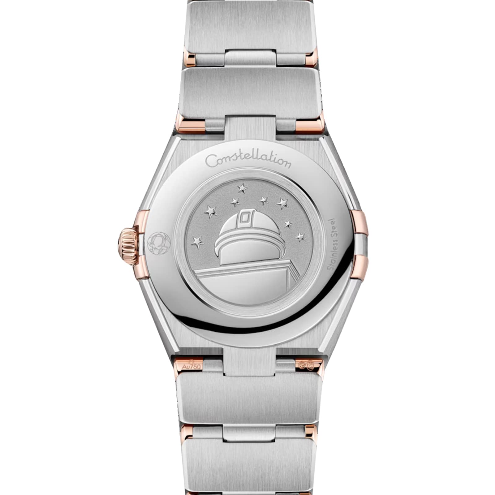 Back view of the OMEGA Constellation watch showing an engraved observatory with stars and Constellation on the case back, paired with a diamond-paved bezel.