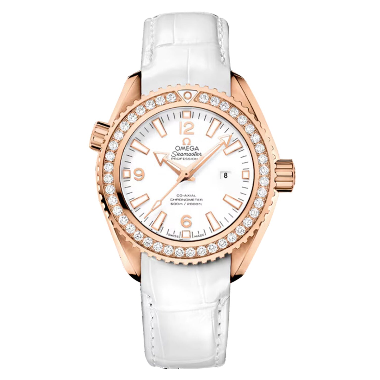 The OMEGA Seamaster Planet Ocean 600M features a rose gold case, diamond bezel, white dial with gold indices and date window, and is paired with a white alligator leather strap.