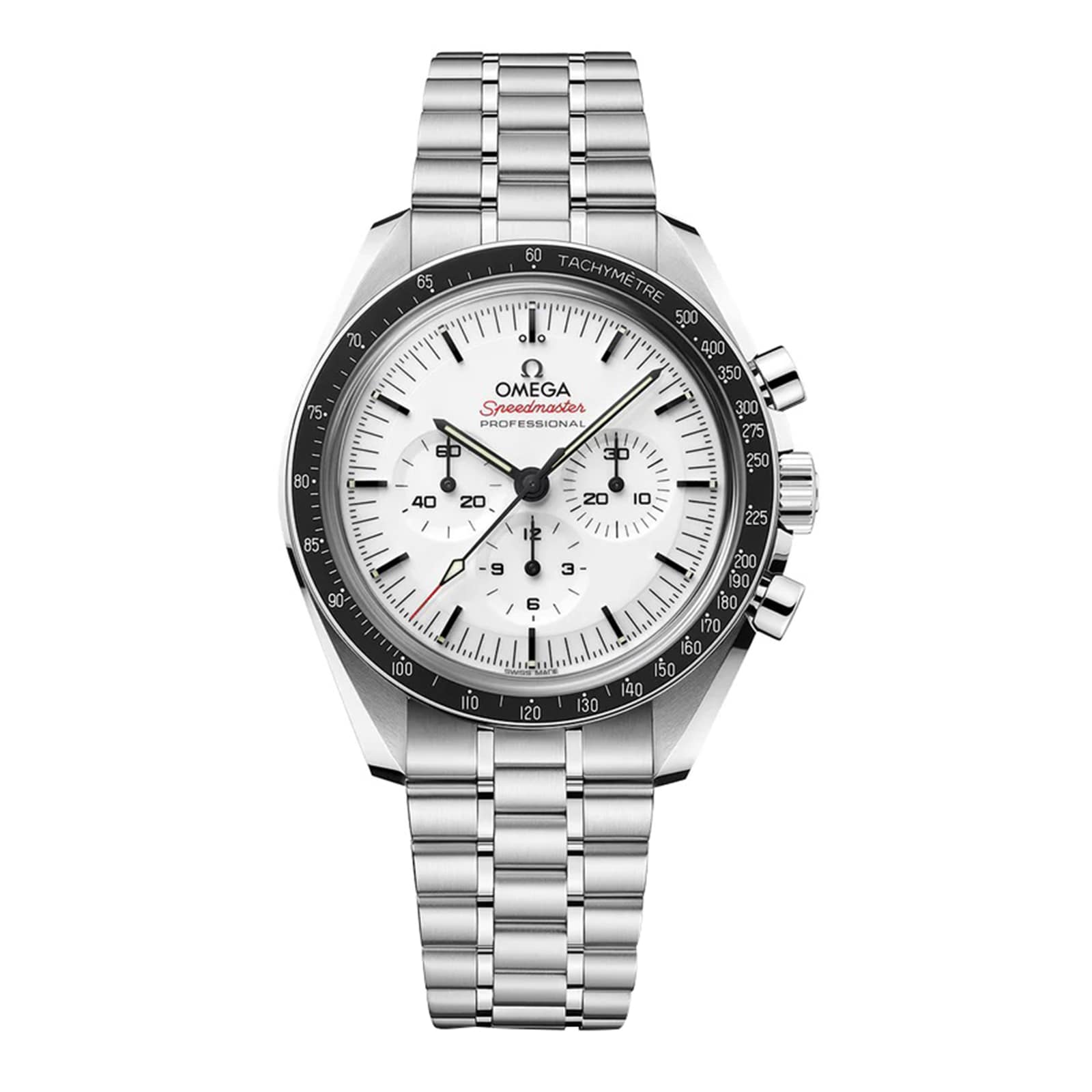 An OMEGA Speedmaster Moonwatch Professional in stainless steel, featuring a white dial with three subdials, a tachymeter bezel, metal link bracelet, and powered by the 3861 calibre Master Chronometer movement.