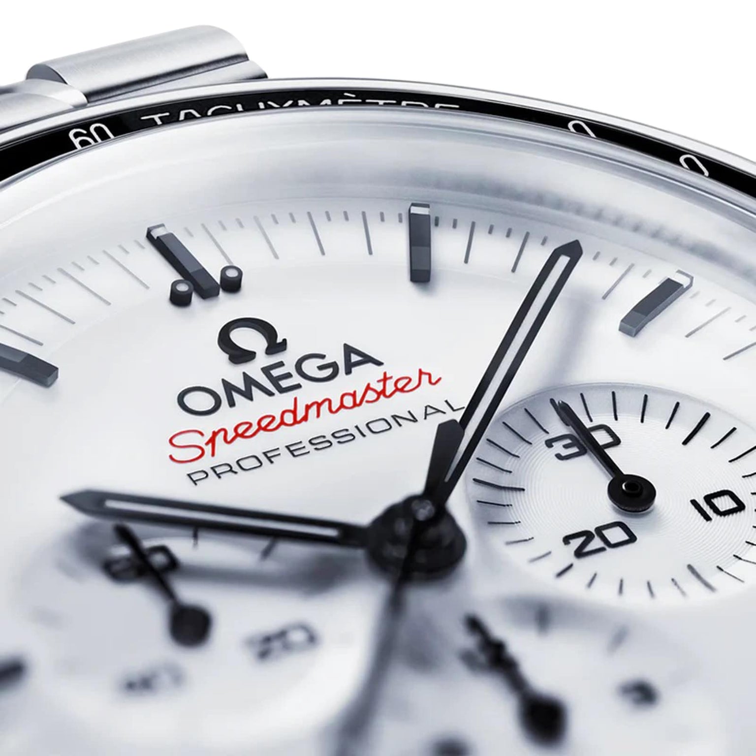 Close-up of the OMEGA Speedmaster Moonwatch Professional watch face with black hands, subdials, red Speedmaster logo, and powered by the advanced OMEGA 3861 calibre.