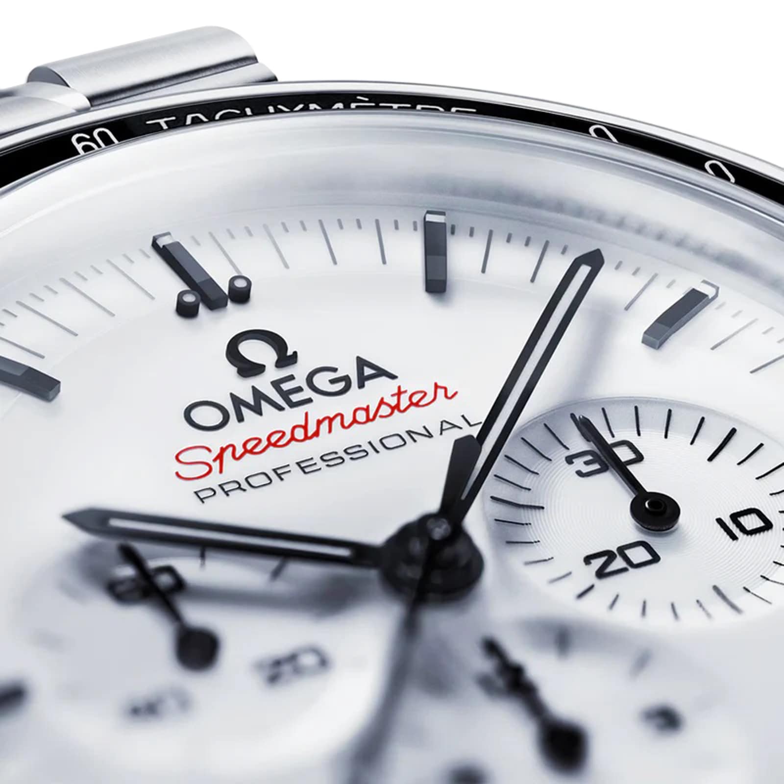 Close-up of the OMEGA Speedmaster Moonwatch Professional watch face with black hands, subdials, red Speedmaster logo, and powered by the advanced OMEGA 3861 calibre.