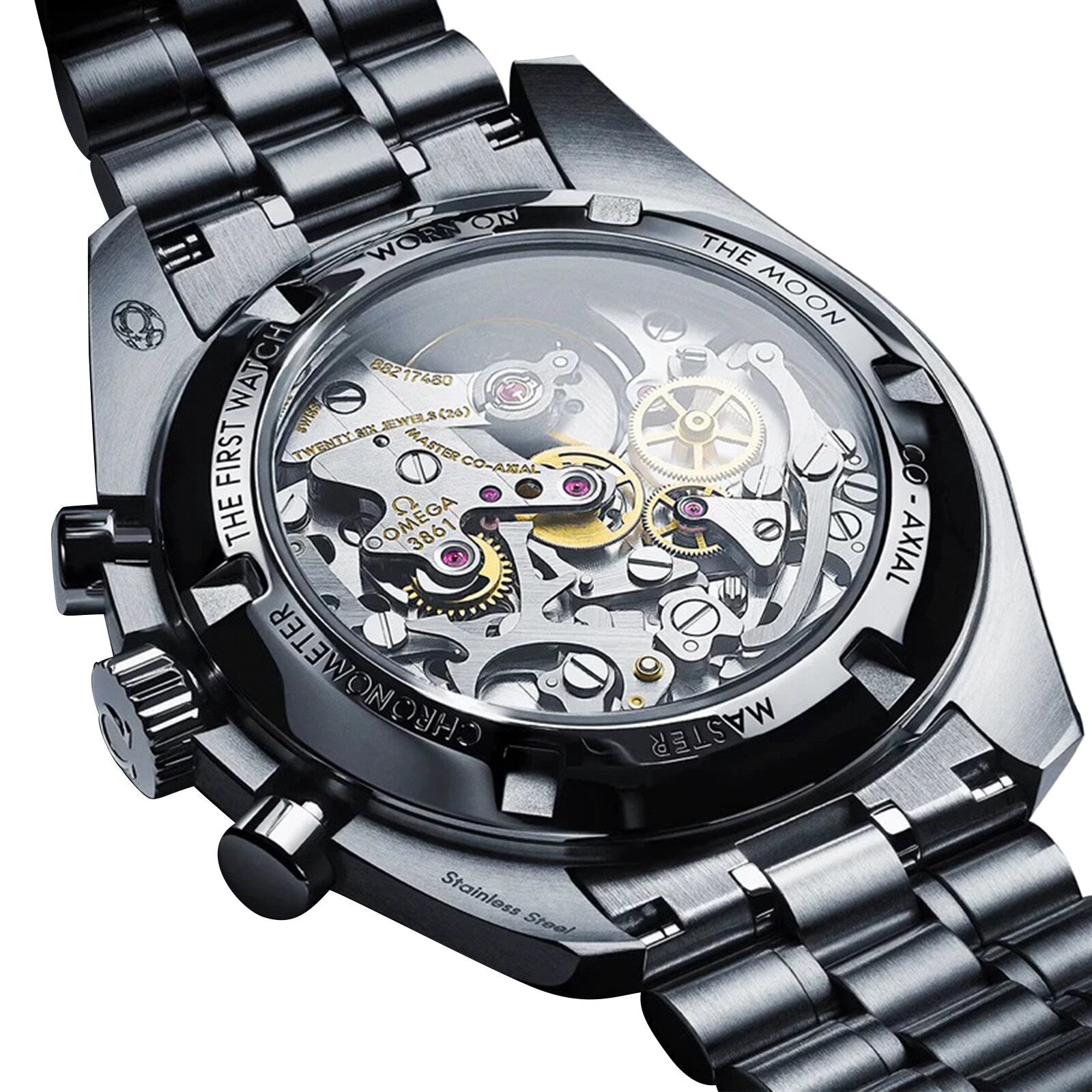 Close-up of the OMEGA Speedmaster Moonwatch Professional’s back, displaying its intricate Omega 3861 calibre mechanical movement through a transparent caseback.