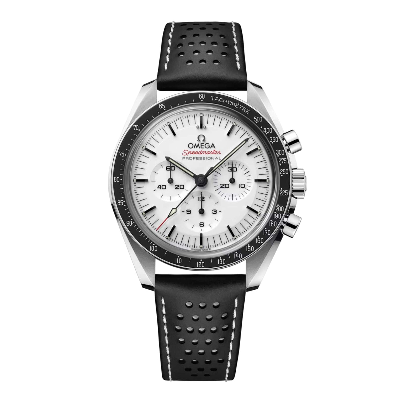 The OMEGA Speedmaster Moonwatch Professional features a stainless steel case, white dial with black subdials, tachymeter bezel, and black perforated leather strap. It runs on the OMEGA Co-Axial Master Chronometer movement for precision.