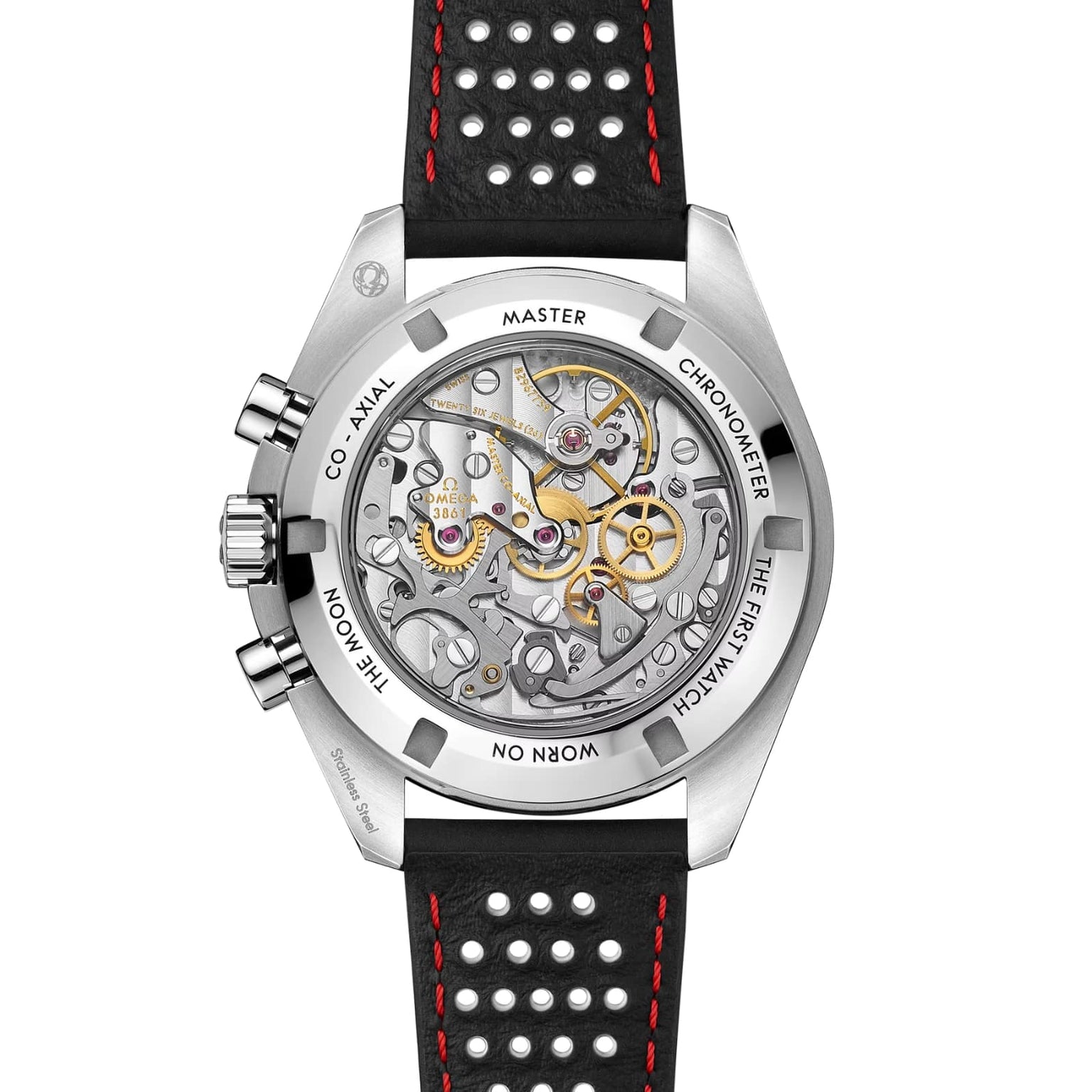 The back of the OMEGA Speedmaster Moonwatch Professional showcases its Co-Axial Master Chronometer movement, engraved with “Master Chronometer” and “The First Watch Worn on the Moon,” and features a perforated black strap.