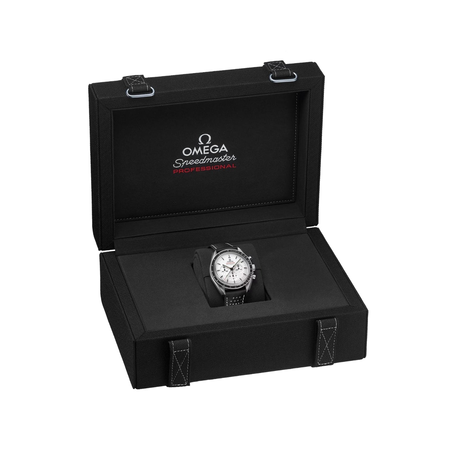 An OMEGA Speedmaster Moonwatch Professional chronograph is displayed in an open black presentation box with white stitching.