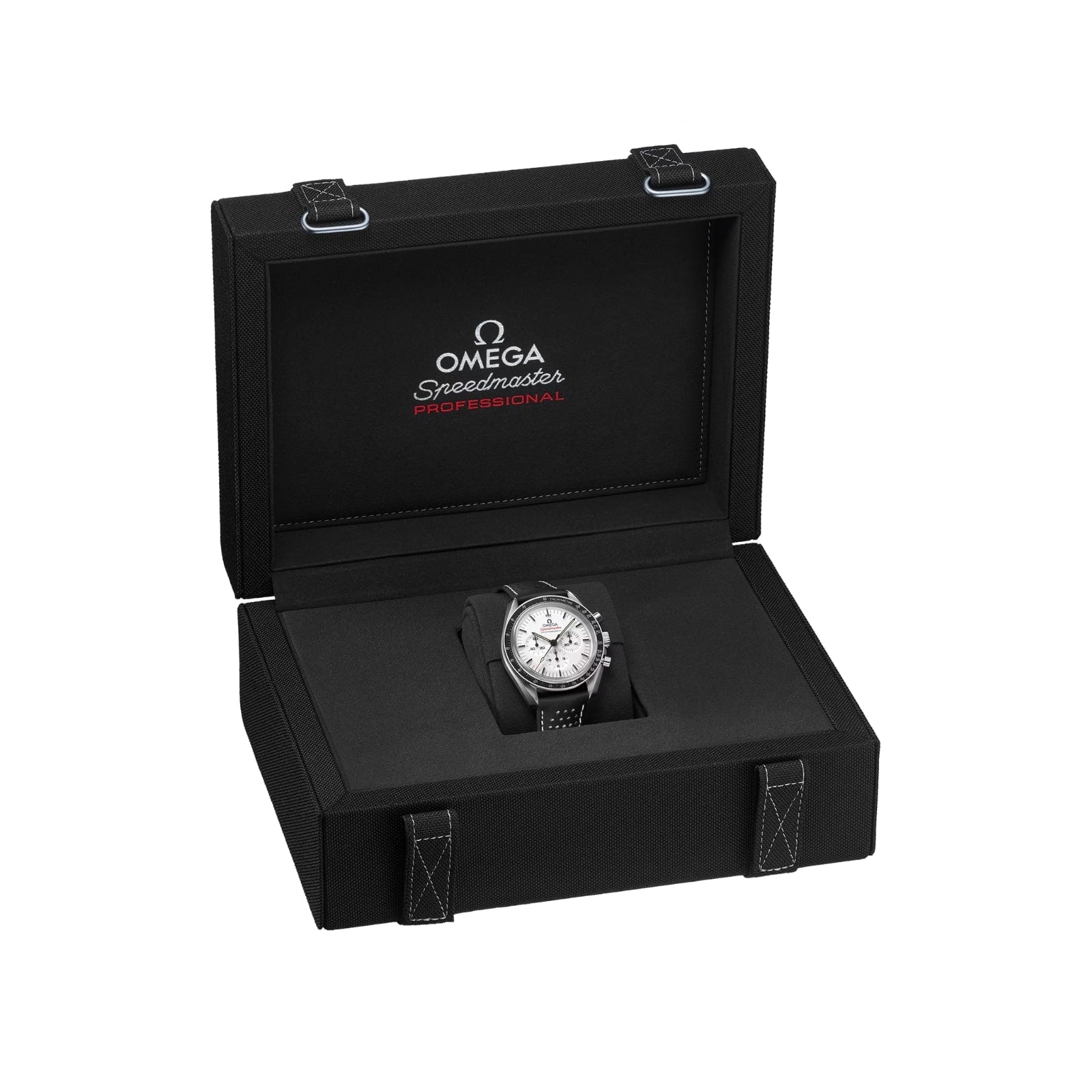 An OMEGA Speedmaster Moonwatch Professional chronograph is displayed in an open black presentation box with white stitching.