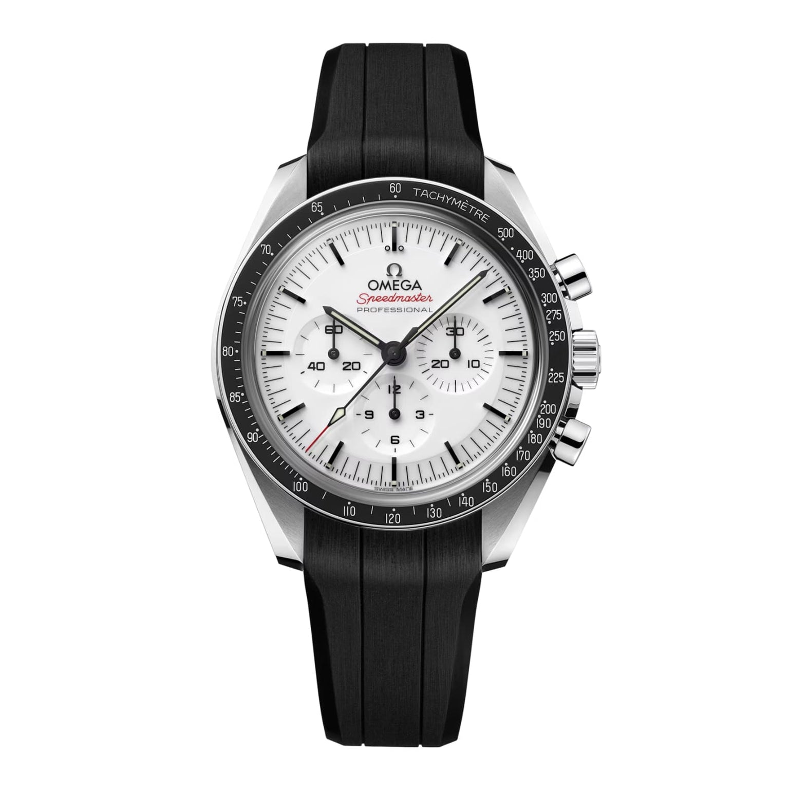 An OMEGA Speedmaster Moonwatch Professional with a silver case, white dial, black tachymeter bezel, three chronograph subdials, and black rubber strap is shown on a white background.