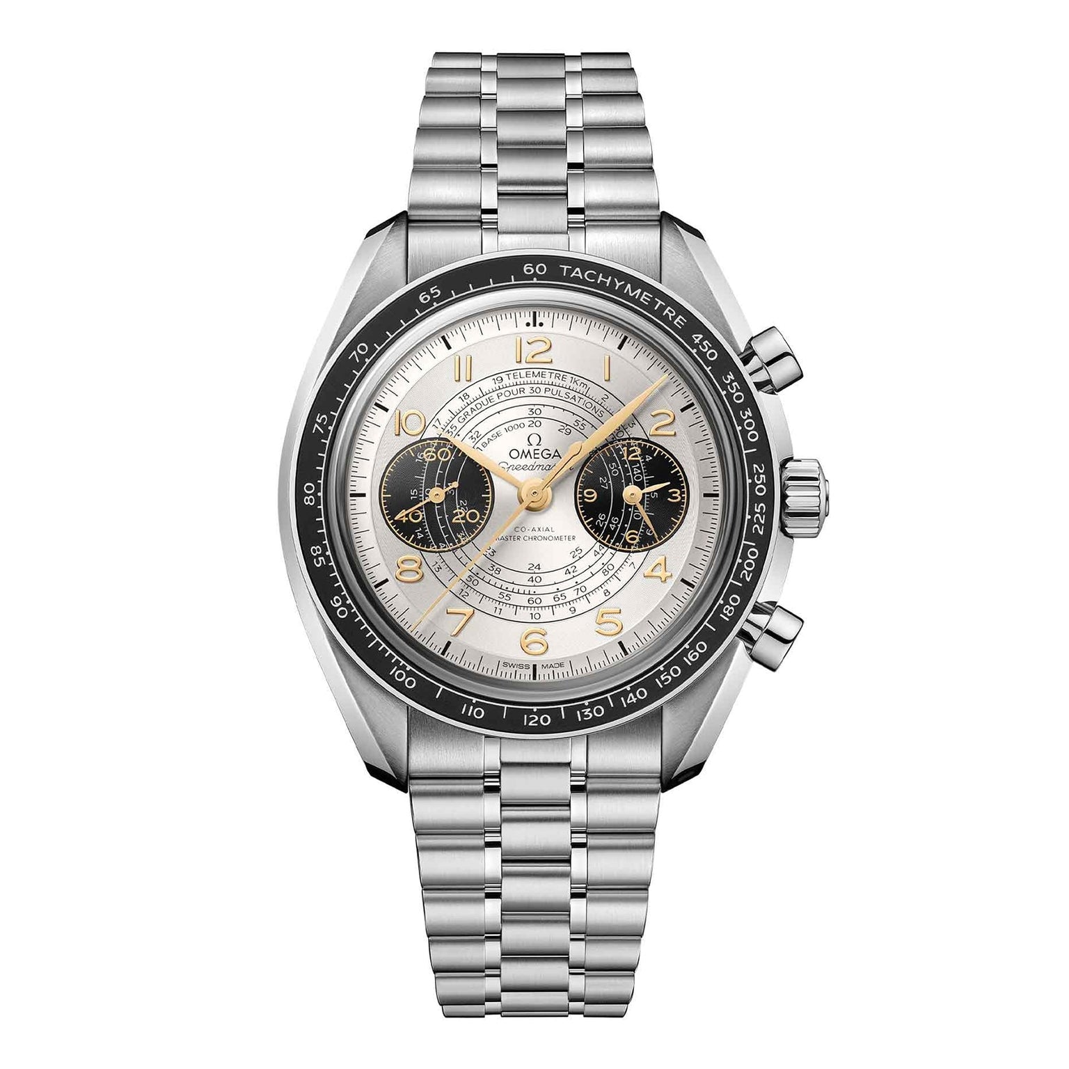The OMEGA Speedmaster Chronoscope Paris 2024 Olympics is a stainless steel chronograph watch with a silver dial, gold hour markers, two black subdials, tachymeter bezel, and metal bracelet shown against a white background.