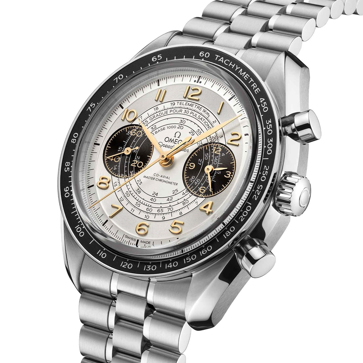 The OMEGA Speedmaster Chronoscope Paris 2024 Olympics features a white dial, black subdials, gold Arabic numerals, and a black tachymeter bezel on a metal bracelet to celebrate the Paris 2024 Games.