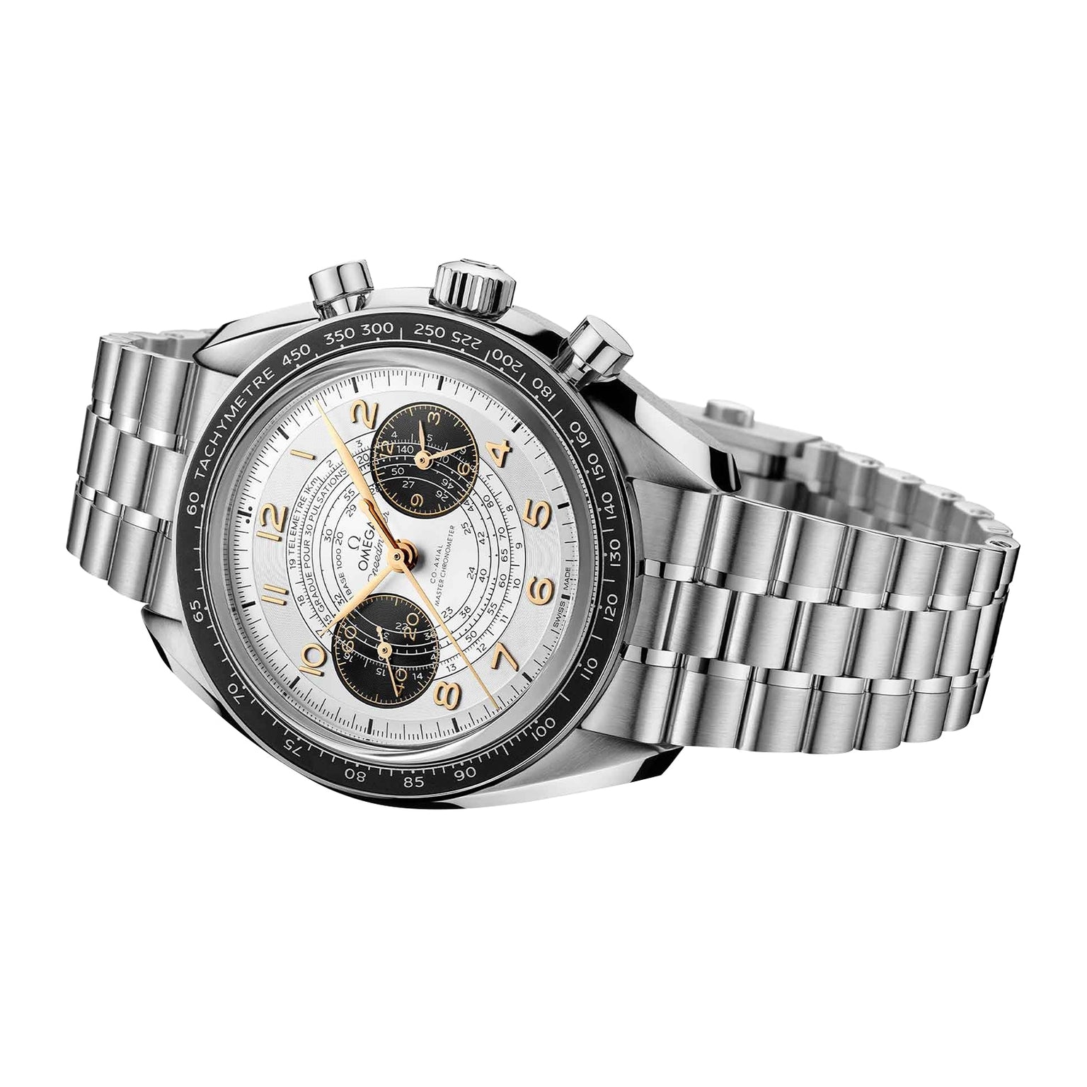 An angled view of the OMEGA Speedmaster Chronoscope Paris 2024 Olympics—a stainless steel chronograph with a silver dial, two black subdials, gold accents, and a metal link bracelet.