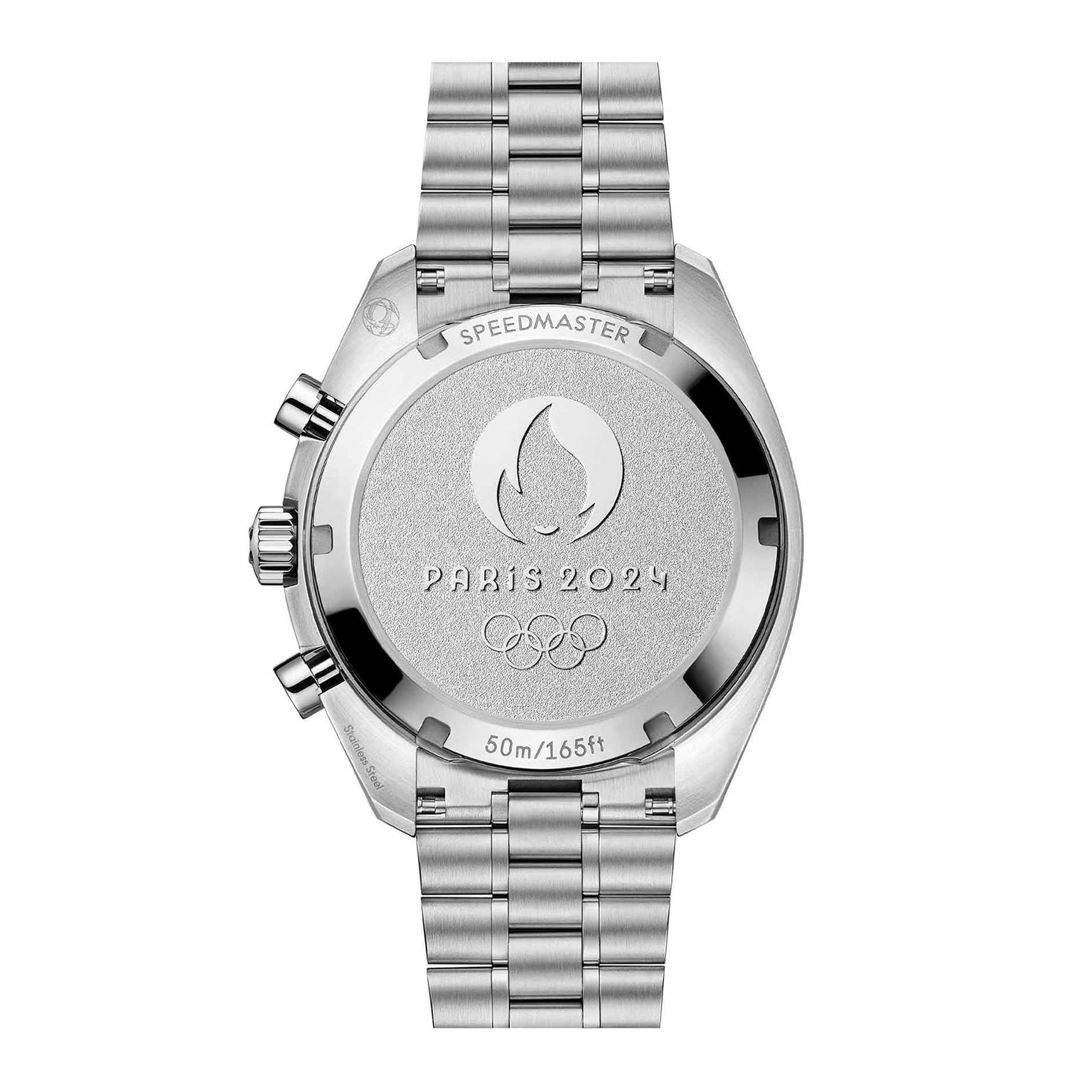 The back of the OMEGA Speedmaster Chronoscope Paris 2024 Olympics is engraved with the Paris 2024 Olympic Games logo, Speedmaster branding, Master Chronometer certification, and offers 50m/165ft water resistance.
