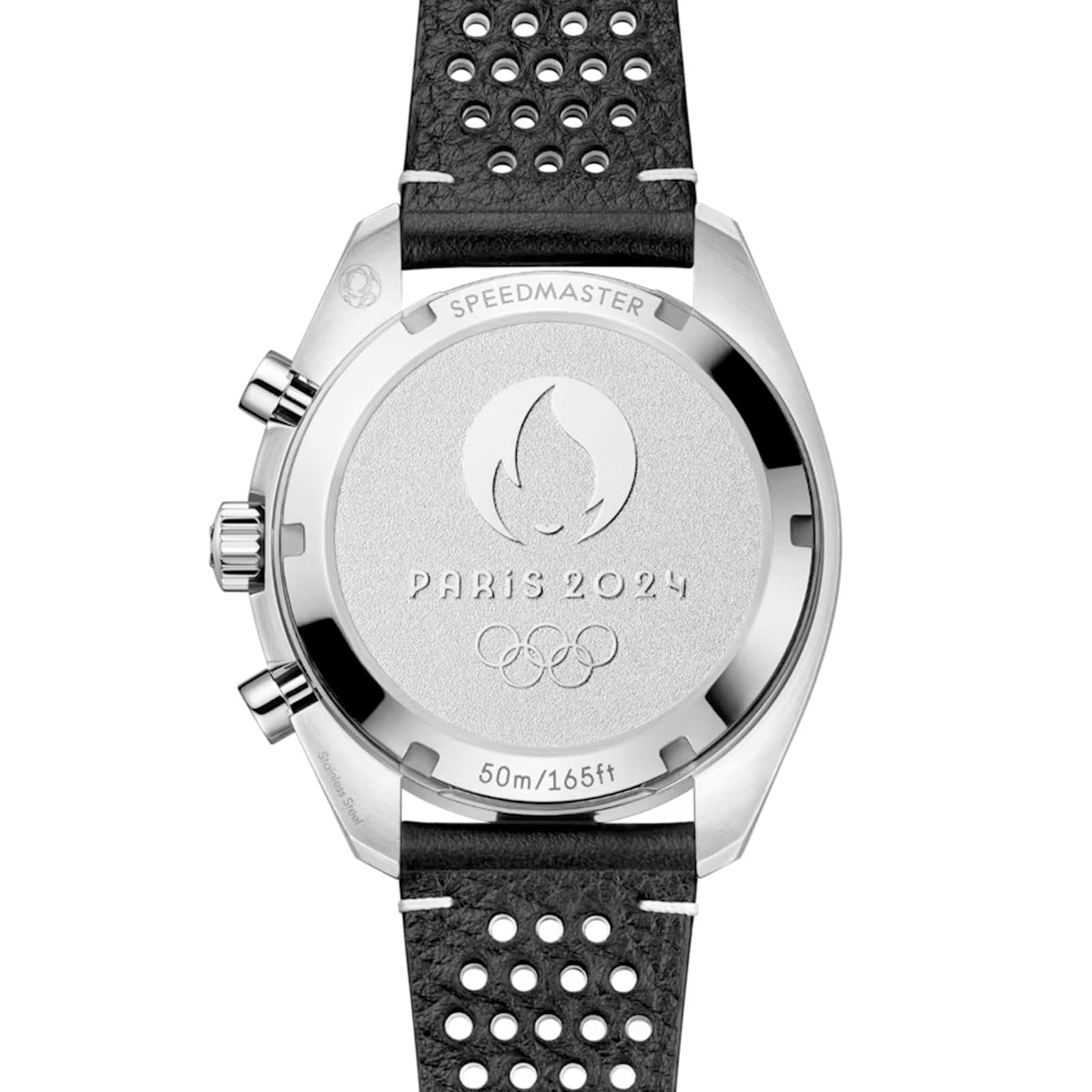 Close-up of the OMEGA Speedmaster Chronoscope Paris 2024 Olympics’ caseback, engraved with the Olympic logo and 50m/165ft, on a black perforated strap from the iconic Speedmaster Collection.