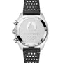 Close-up of the OMEGA Speedmaster Chronoscope Paris 2024 Olympics’ caseback, engraved with the Olympic logo and 50m/165ft, on a black perforated strap from the iconic Speedmaster Collection.