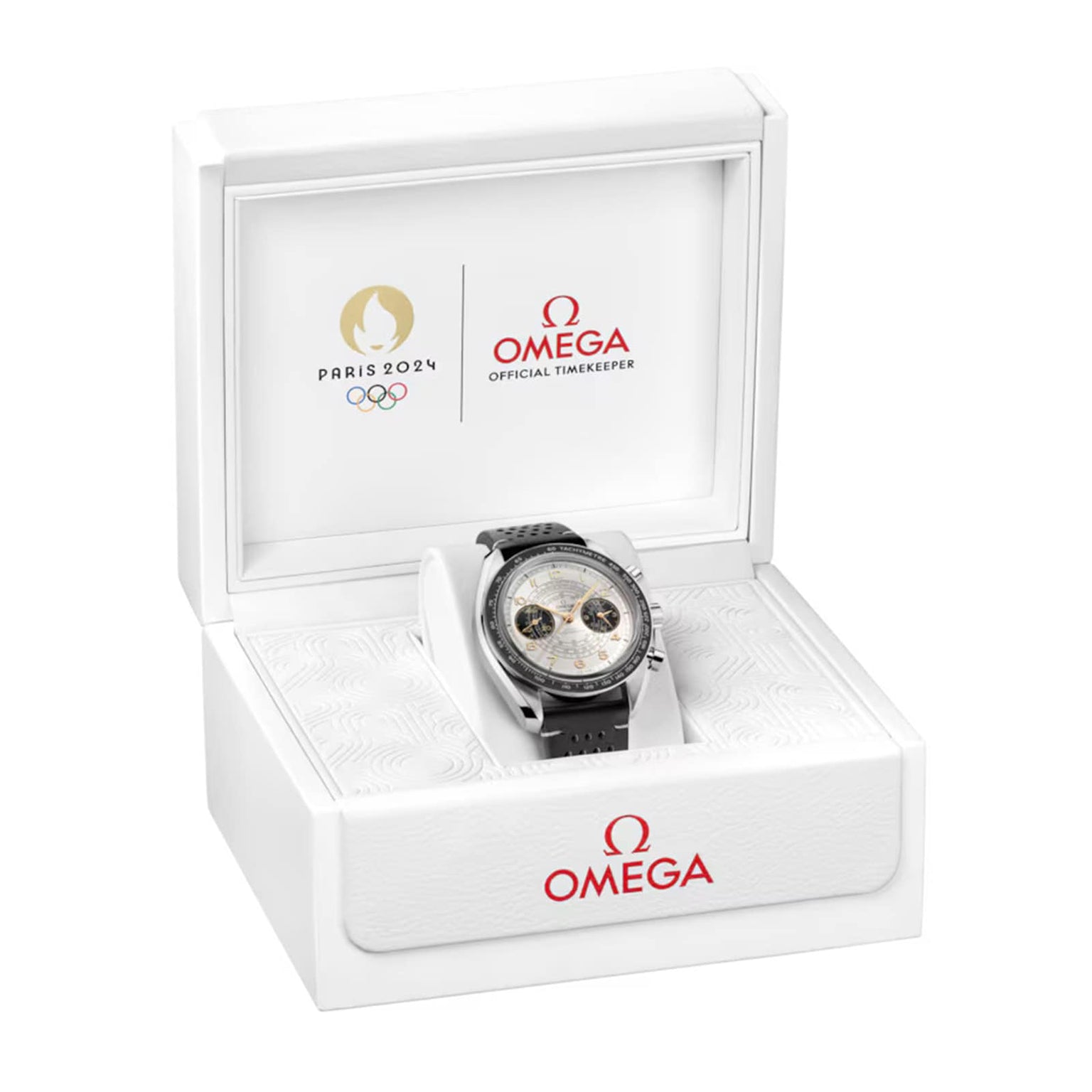The OMEGA Speedmaster Chronoscope Paris 2024 Olympics wristwatch with a silver case and black strap is presented in an open white OMEGA box featuring the Paris 2024 Olympic Games logo.