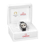 The OMEGA Speedmaster Chronoscope Paris 2024 Olympics wristwatch with a silver case and black strap is presented in an open white OMEGA box featuring the Paris 2024 Olympic Games logo.