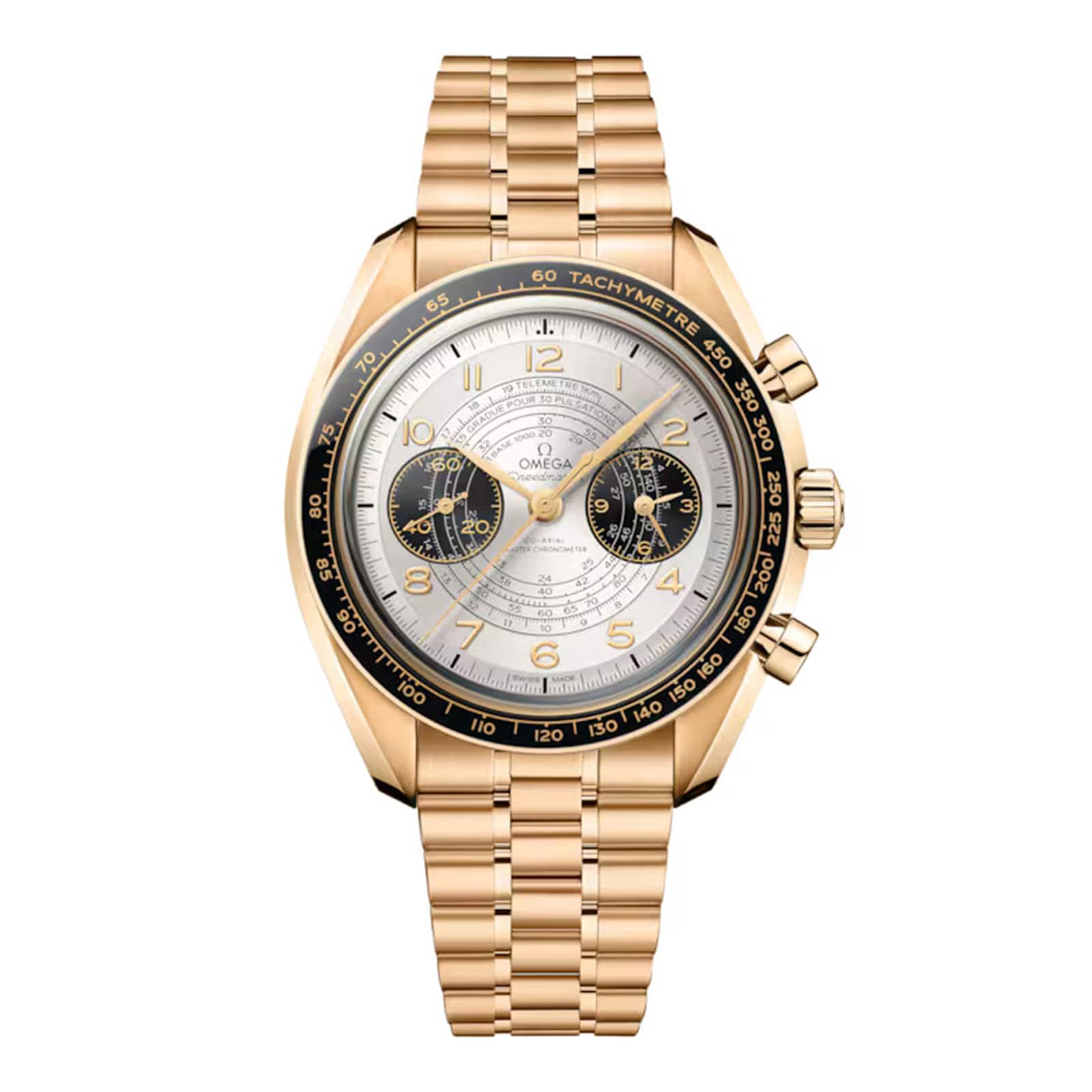 The OMEGA Speedmaster Chronoscope Paris 2024 Olympics wristwatch features a gold case, silver dial, black tachymeter bezel, three subdials, and a metal link bracelet.