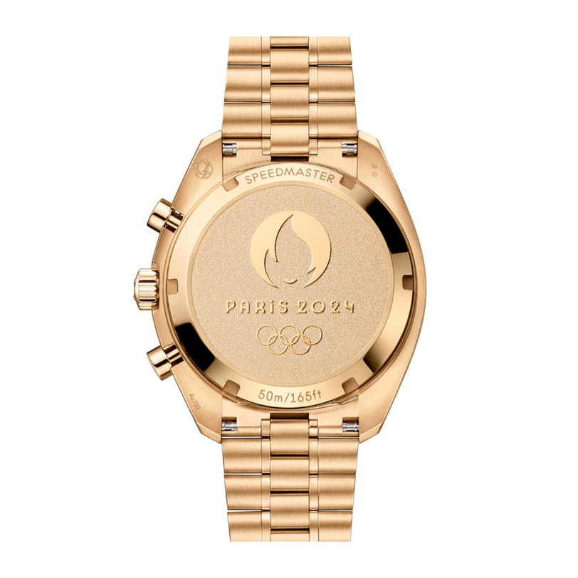 The OMEGA Speedmaster Chronoscope Paris 2024 Olympics features a gold case back engraved with the Olympic rings, flame emblem, event details, Master Chronometer certification, and offers 50m/165ft water resistance.