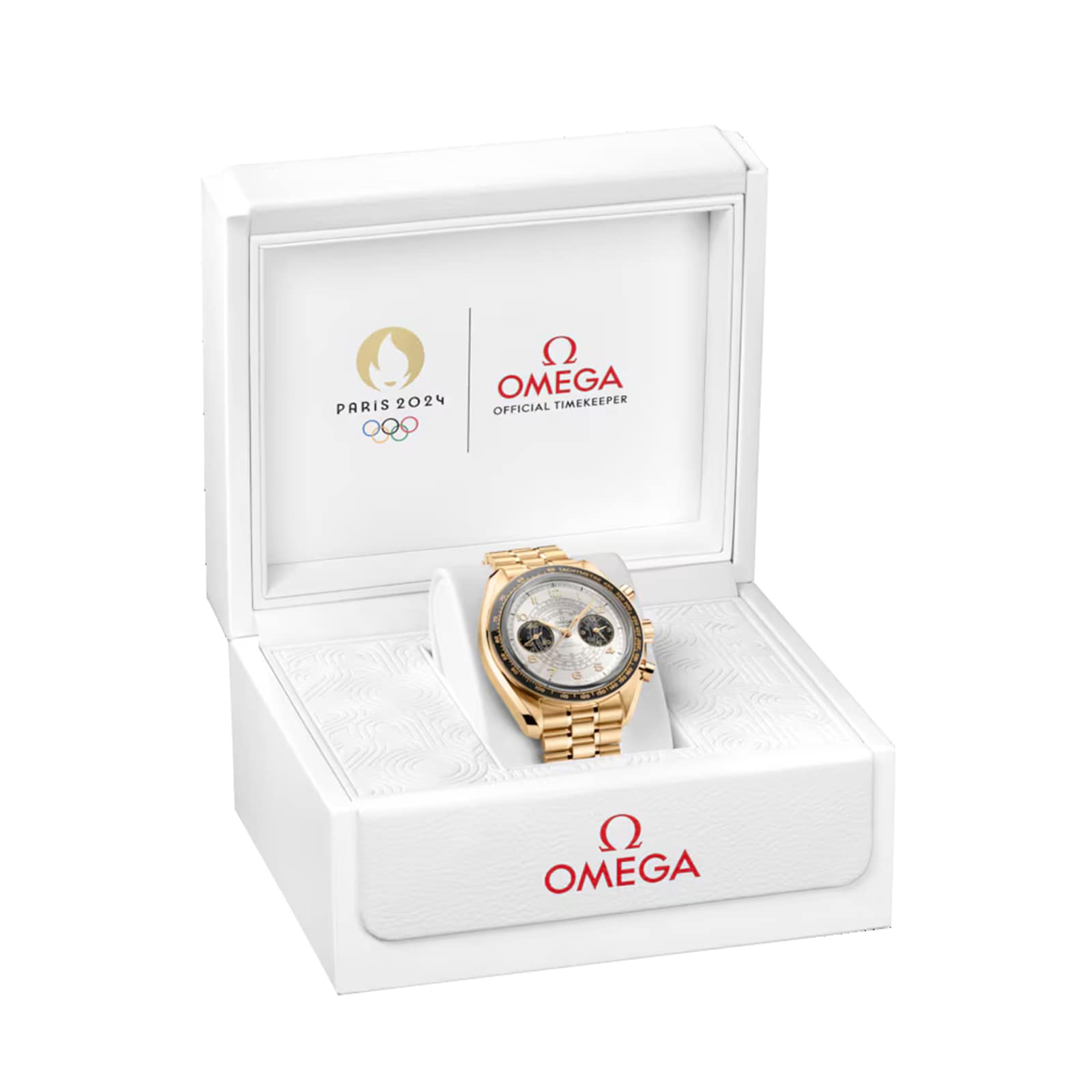 An OMEGA Speedmaster Chronoscope Paris 2024 Olympics wristwatch sits in an open white display box featuring the Paris 2024 Olympic Games and OMEGA logos printed inside the lid.