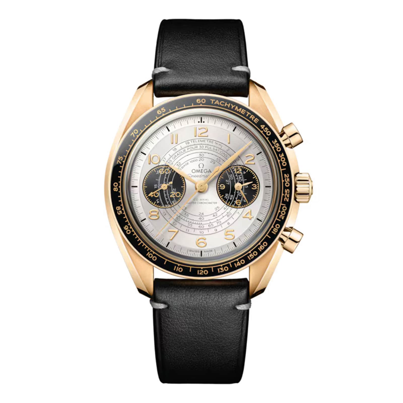 The OMEGA Speedmaster Chronoscope Paris 2024 Olympics is a gold and black chronograph with a white dial, three subdials, Master Chronometer certification, and a sleek black leather strap.