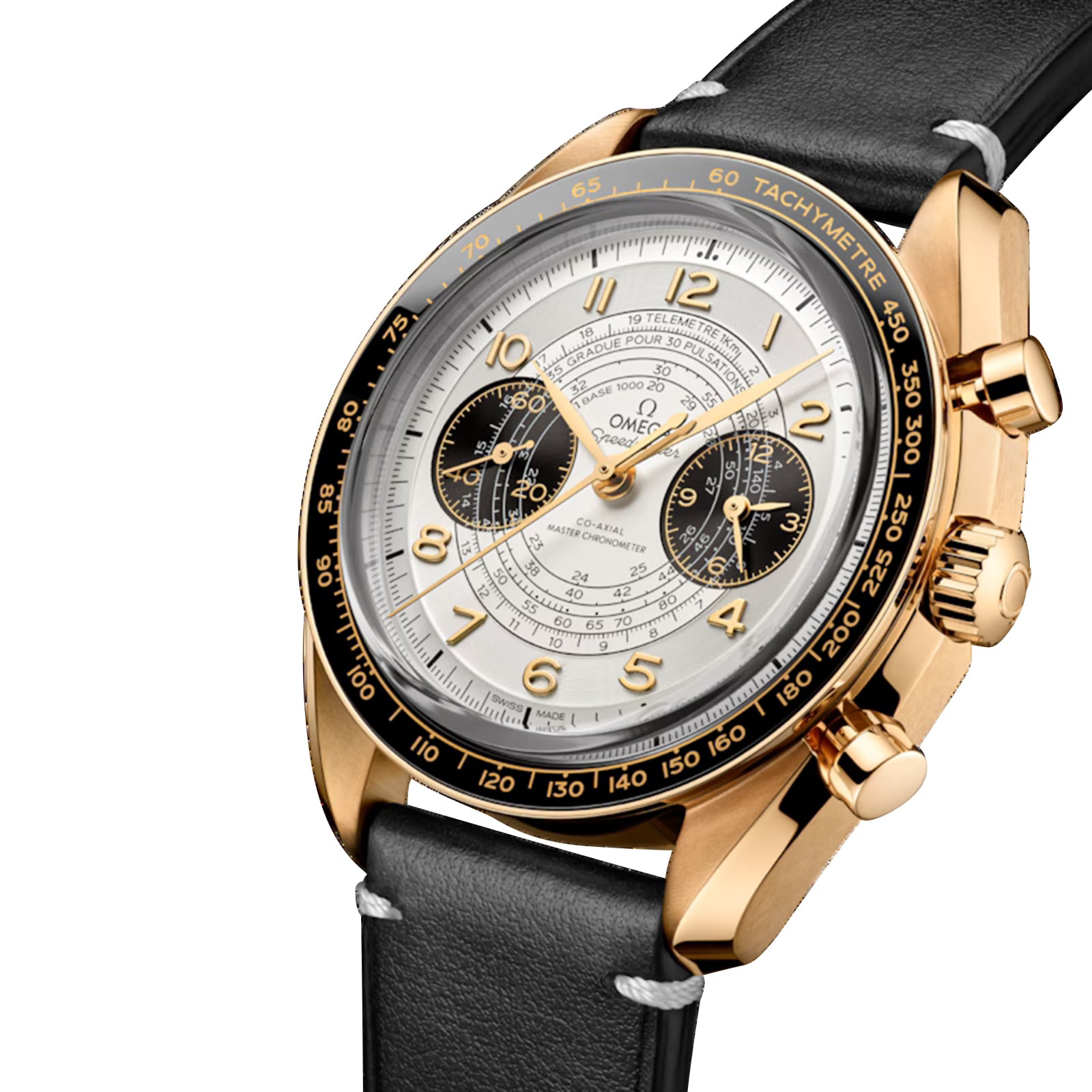 The OMEGA Speedmaster Chronoscope Paris 2024 Olympics, featuring a gold case, white dial with black subdials, tachymeter bezel, and black leather strap, is photographed against a white background.