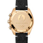 The OMEGA Speedmaster Chronoscope Paris 2024 Olympics features a gold case back engraved with the Olympics logo, SPEEDMASTER, 50m/165ft, a black leather strap, and Master Chronometer certification.