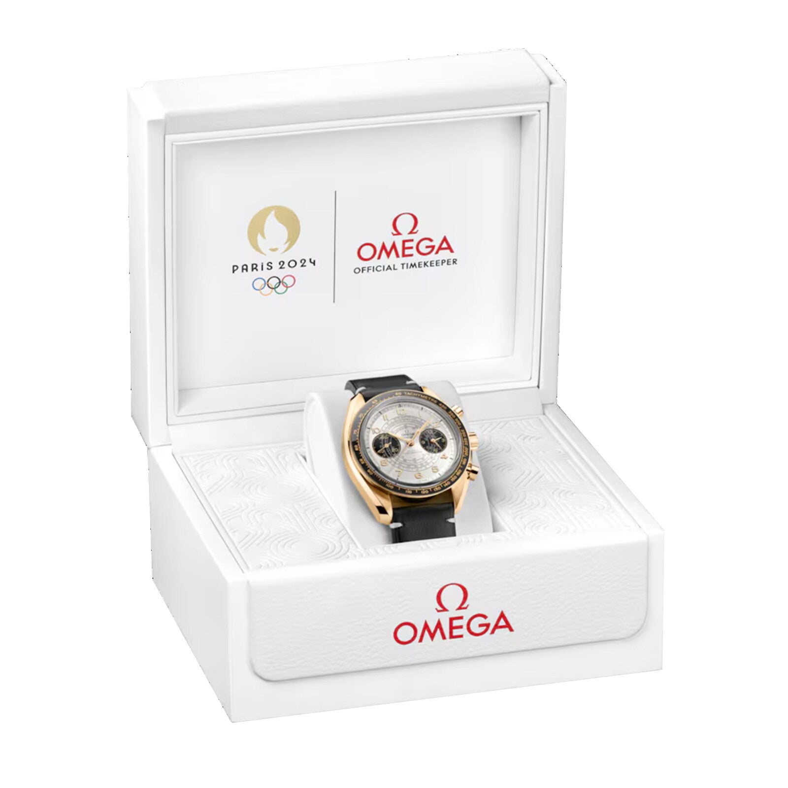 An OMEGA Speedmaster Chronoscope Paris 2024 Olympics wristwatch with a gold and silver case, black strap, Master Chronometer certification, and Olympic Games Paris 2024 branding, displayed in an open white OMEGA box.